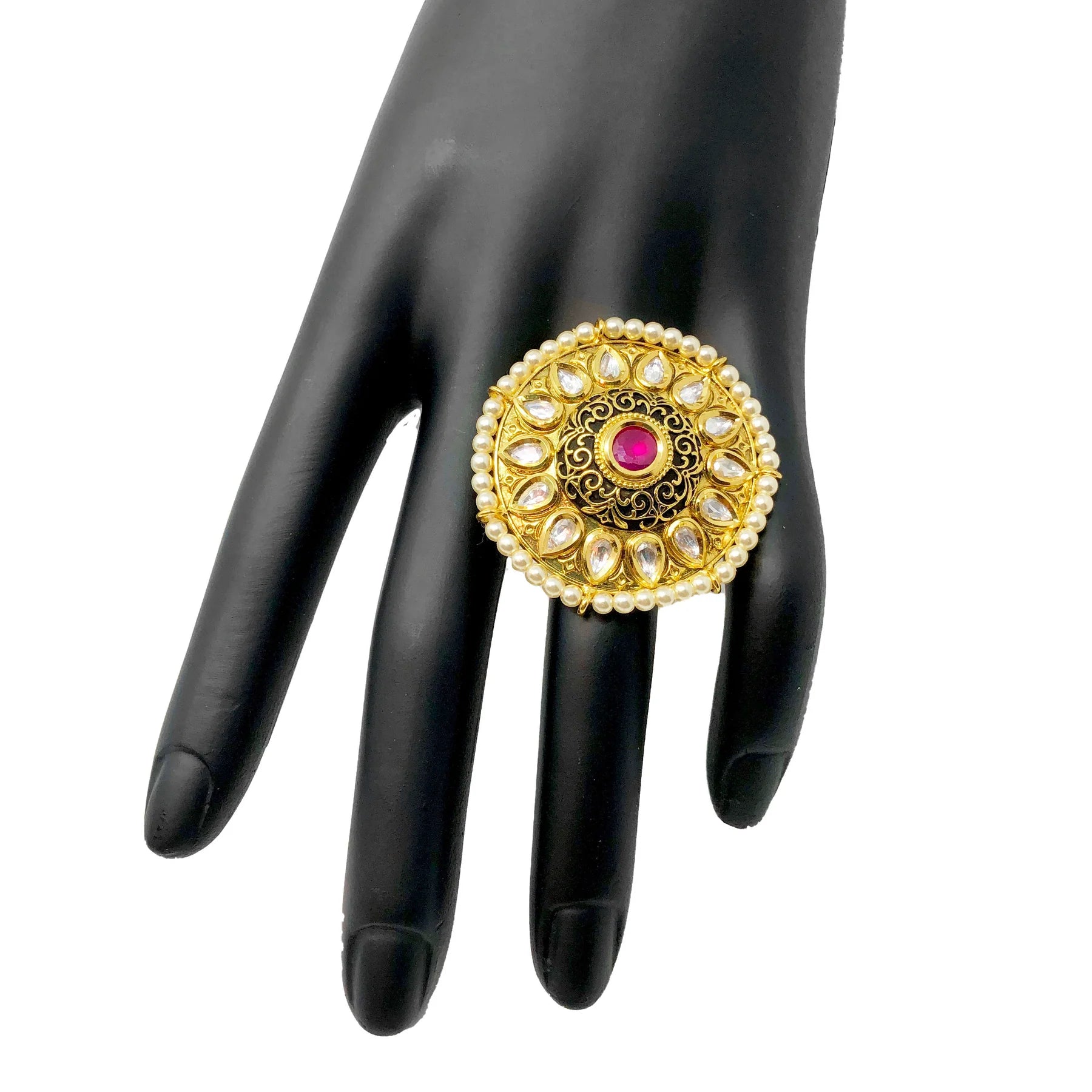 Adjustable Gold Plated Kundan Ring for Women - Elegant Indian Jewelry for Parties, Weddings & Special Occasions (D7)