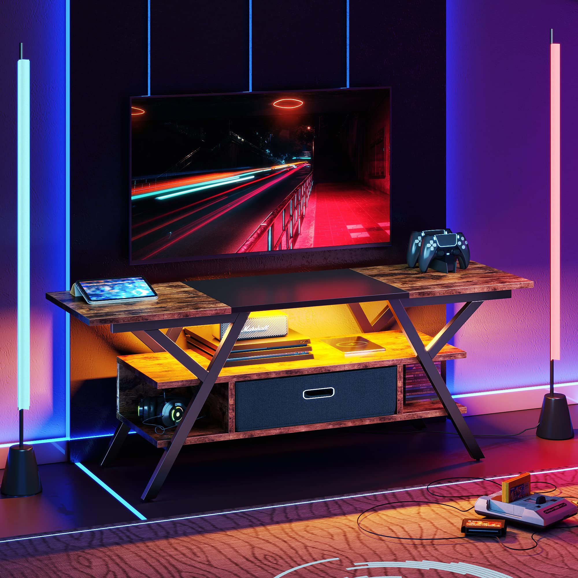 Bestier Modern LED TV Stand for 55/60/65 Inch TVs - Rustic Brown Gaming Entertainment Center with Fabric Drawer Storage & 20 LED Light Modes - Perfect for Living Room, Bedroom & Home Theater Setup (PS5/Xbox Compatible)