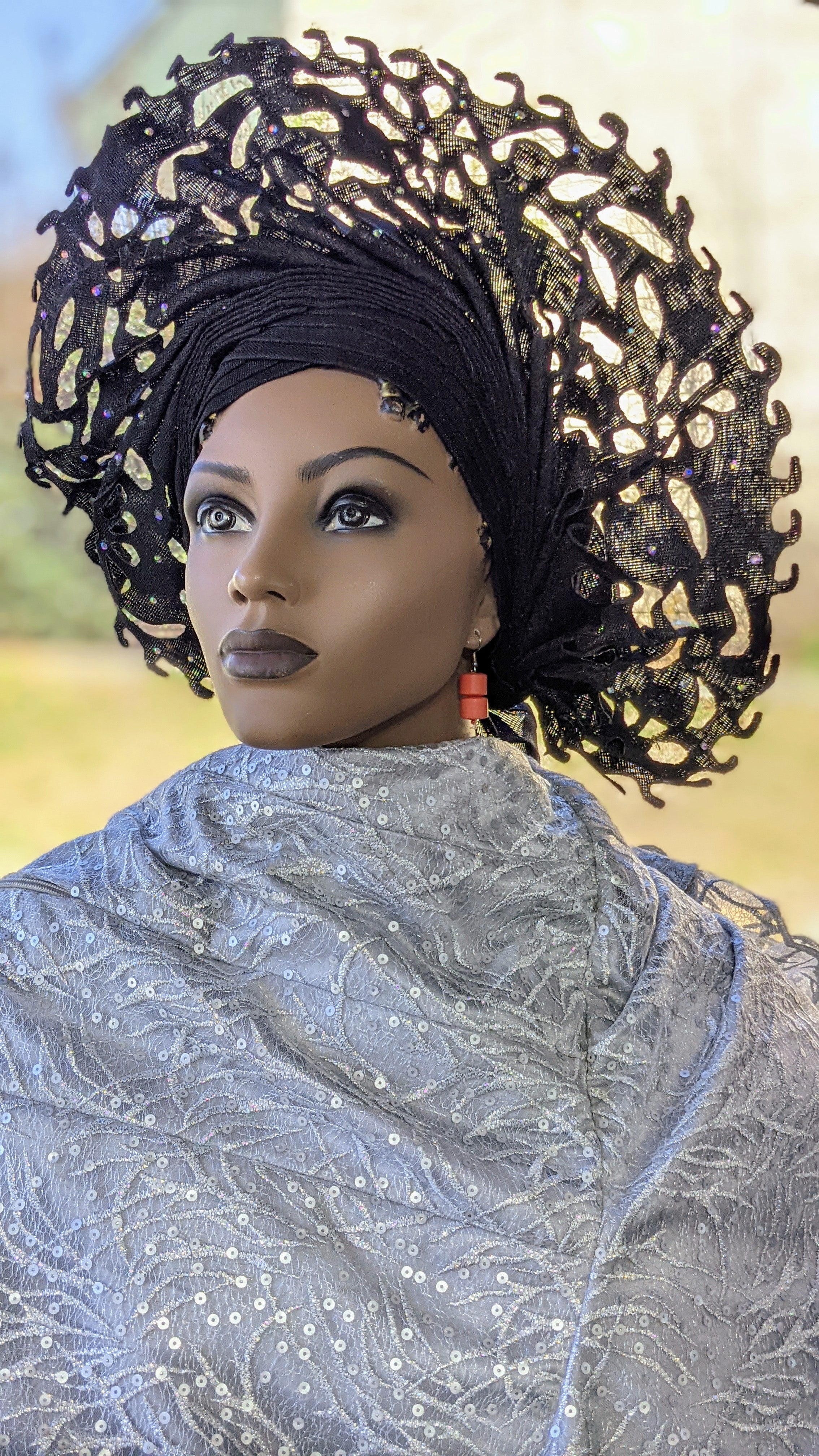 Tejulola Black African Laser-Cut Aso Oke Gele Head Wrap - Ready-to-Wear Autogele for Weddings & Special Events - DPAAG08