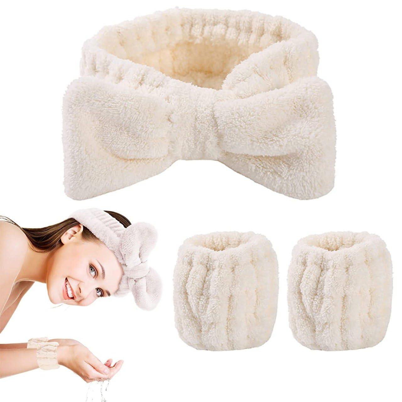 NVF 3-Piece Spa Headband & Wrist Washband Set - Super Soft Microfiber Hair & Face Wristbands for Women & Girls | Perfect for Skincare, Makeup Removal & Facial Cleansing at Home or Salon