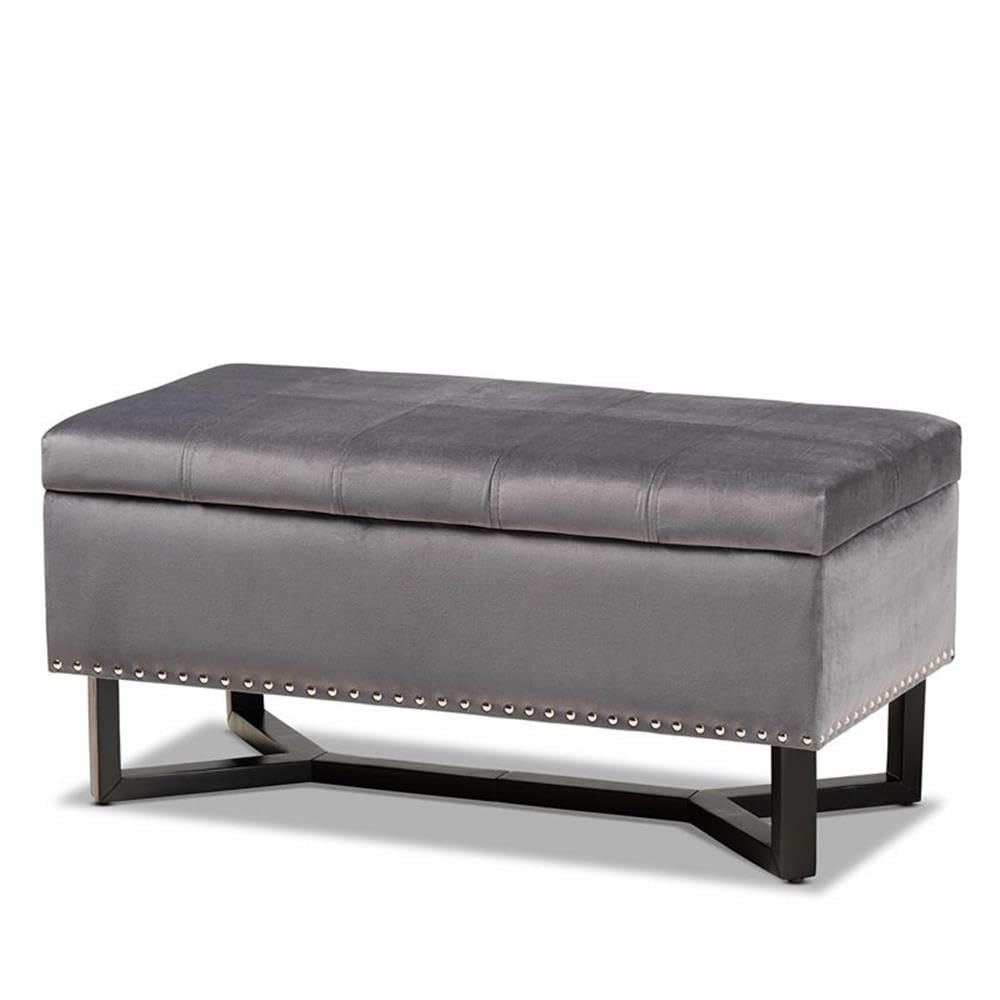 BOWERY HILL Grey Velvet Upholstered Storage Ottoman with Brown Wooden Legs - Perfect for Living Room, Bedroom, or Entryway Organization