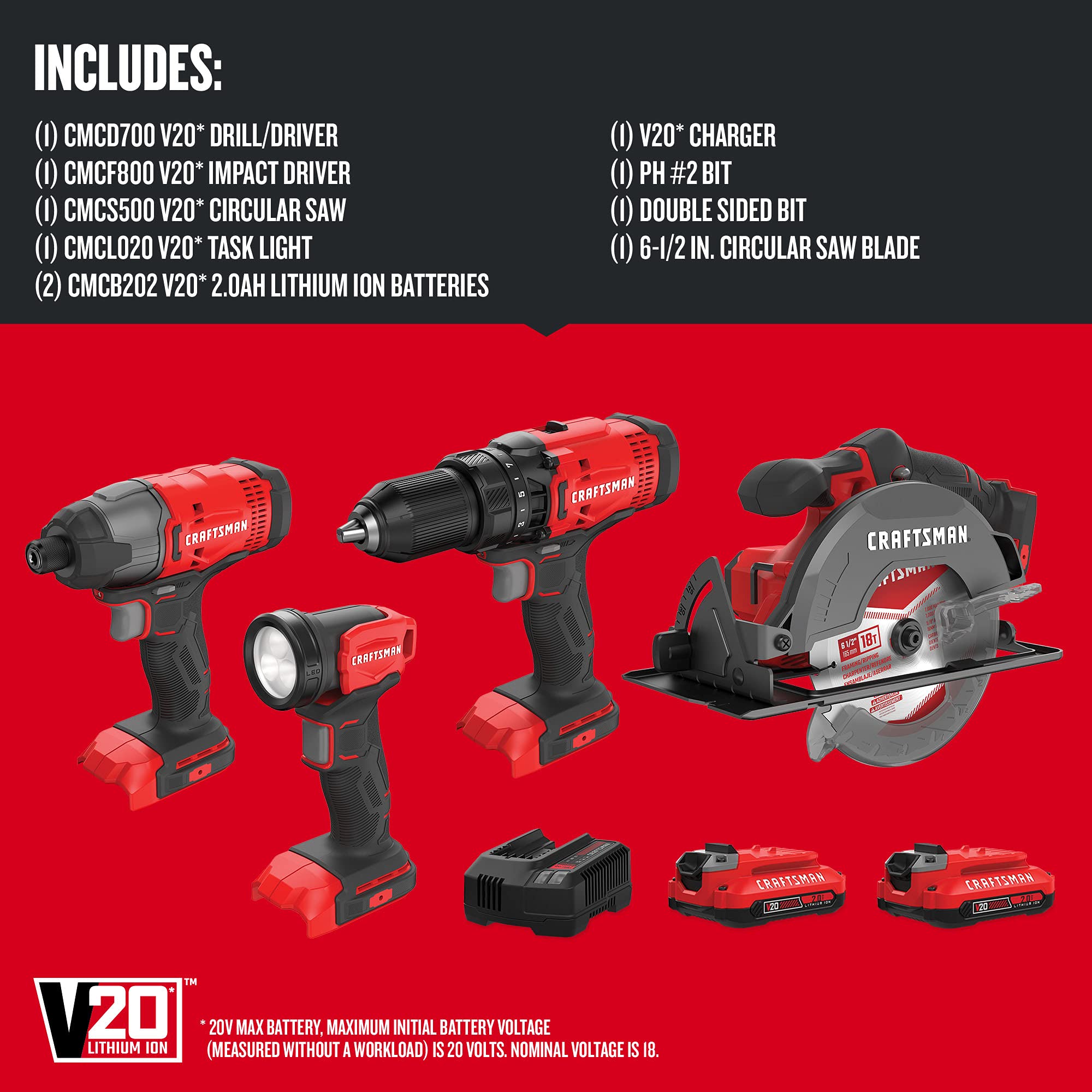 CRAFTSMAN V20 MAX 4-Tool Cordless Power Tool Combo Kit (CMCK401D2AM) - Drill, Impact Driver, Circular Saw & Work Light for DIY Projects & Home Improvement