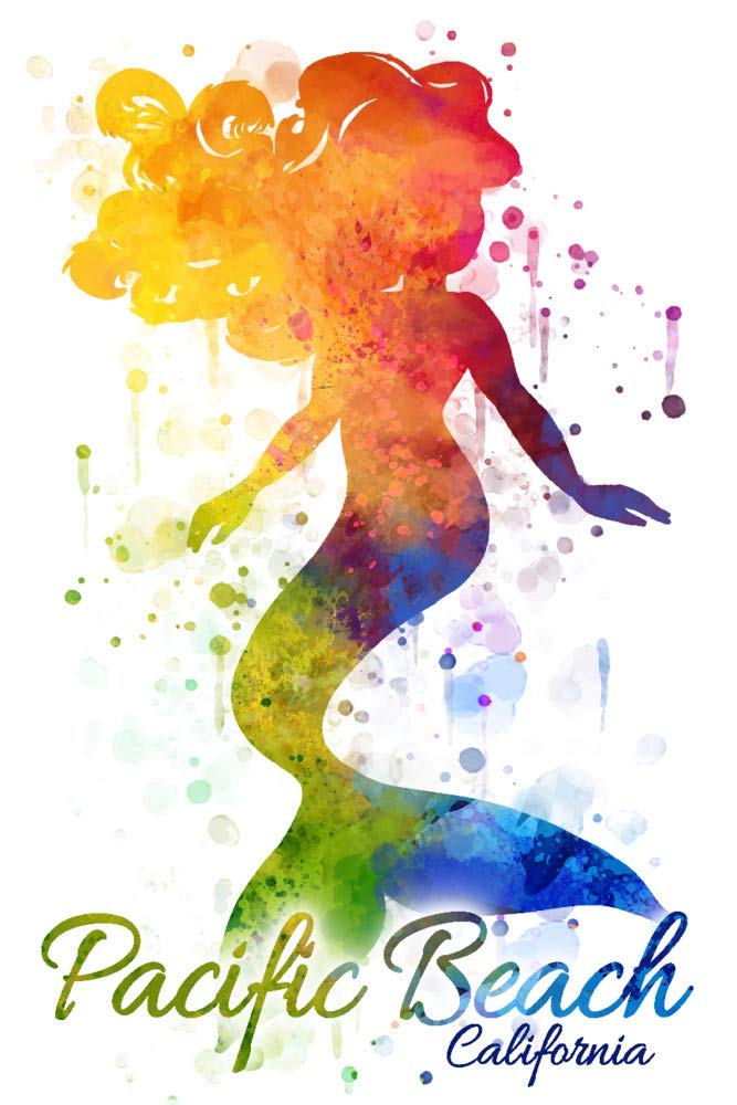 Pacific Beach California Mermaid Silhouette Rainbow Watercolor Wall Art - 24x36 Gallery Quality Metal Print, Aluminum Decor for Coastal Home & Beach House Decor