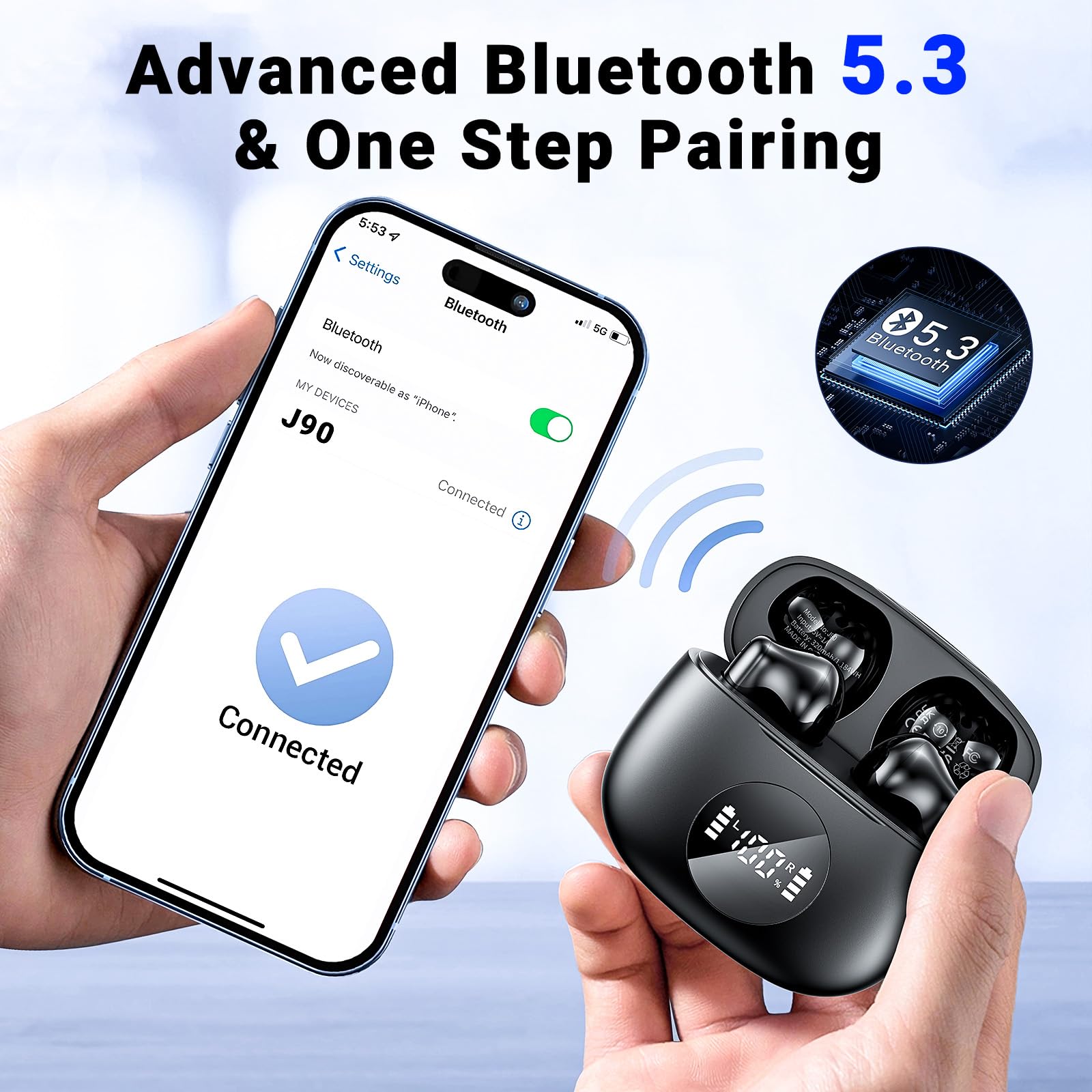 **Godyse Wireless Bluetooth 5.3 Earbuds with 4 ENC Noise Cancelling Mic, Hi-Fi Stereo Sound, IPX6 Waterproof, Touch Control, 40H Playtime - Compatible with iOS & Android (Black) - Perfect for Workouts, Commuting & Travel**