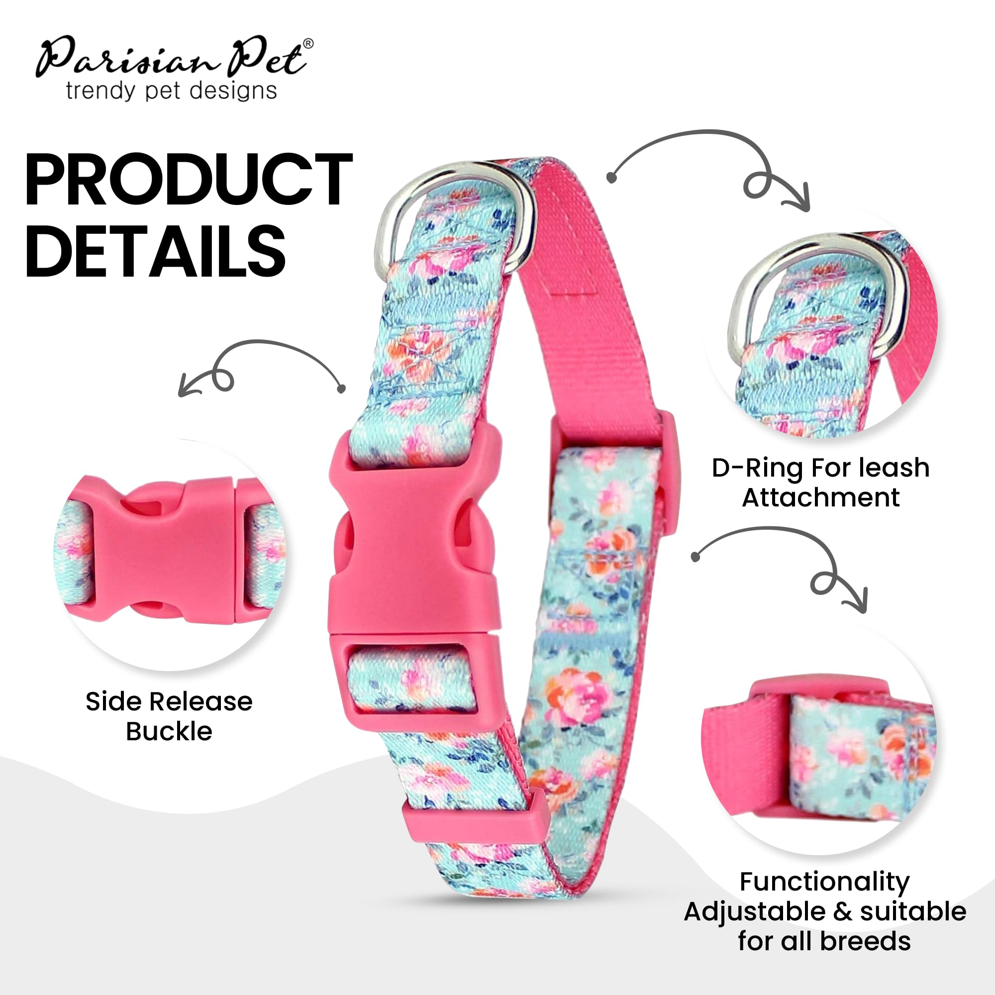 Parisian Pet Dog Collar - Adjustable Spring Blossoms Pattern Safety Buckle Collar for Small & Large Breed Dogs | Cute Puppy Collar with Breathable Nylon | Perfect for Daily Walks, Training & Outdoor Adventures