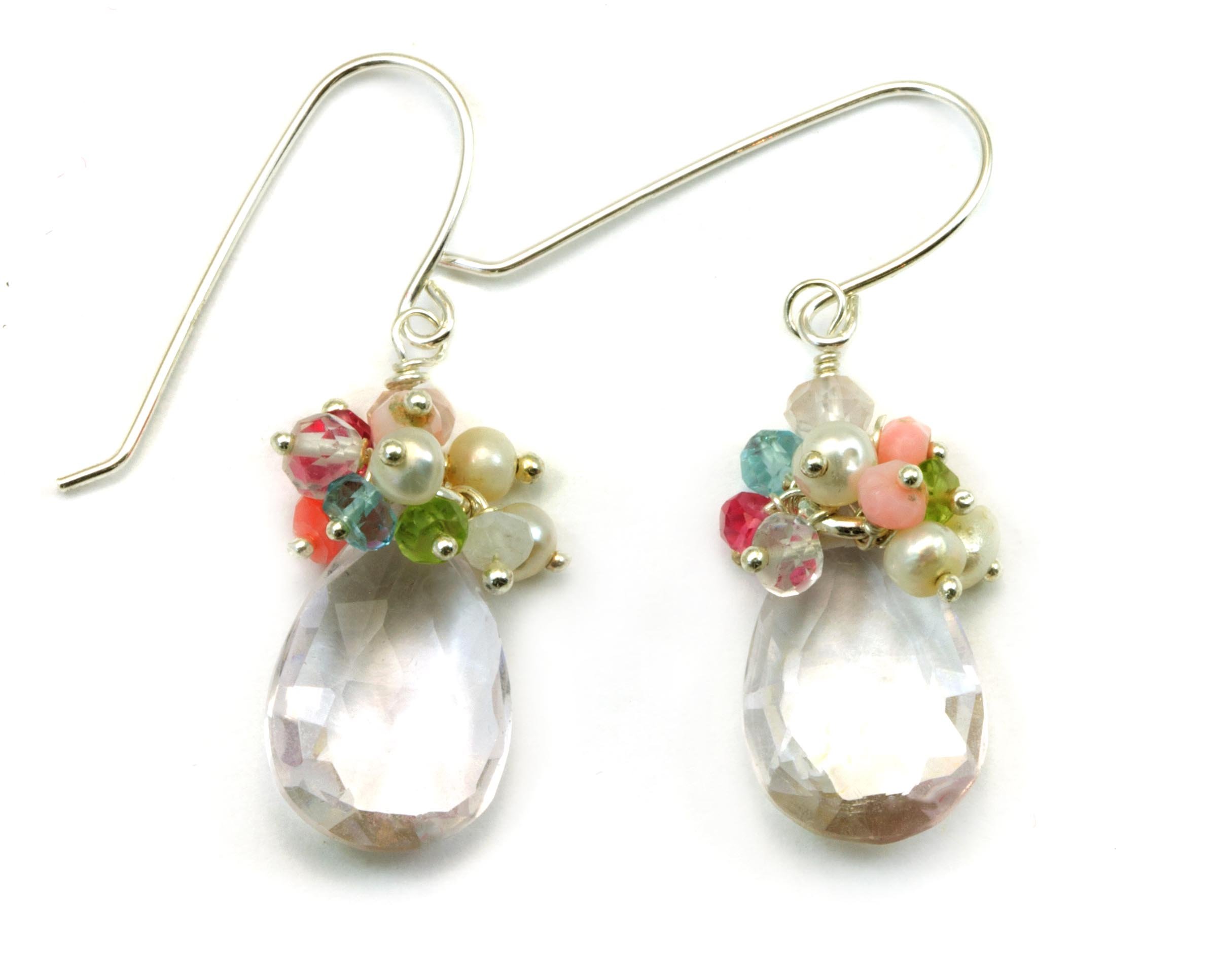 Sterling Silver Pink Amethyst Earrings - Dainty Cluster Style with Colorful Gemstones & Silvertone Wire Accents | Perfect for Weddings, Parties & Everyday Elegance