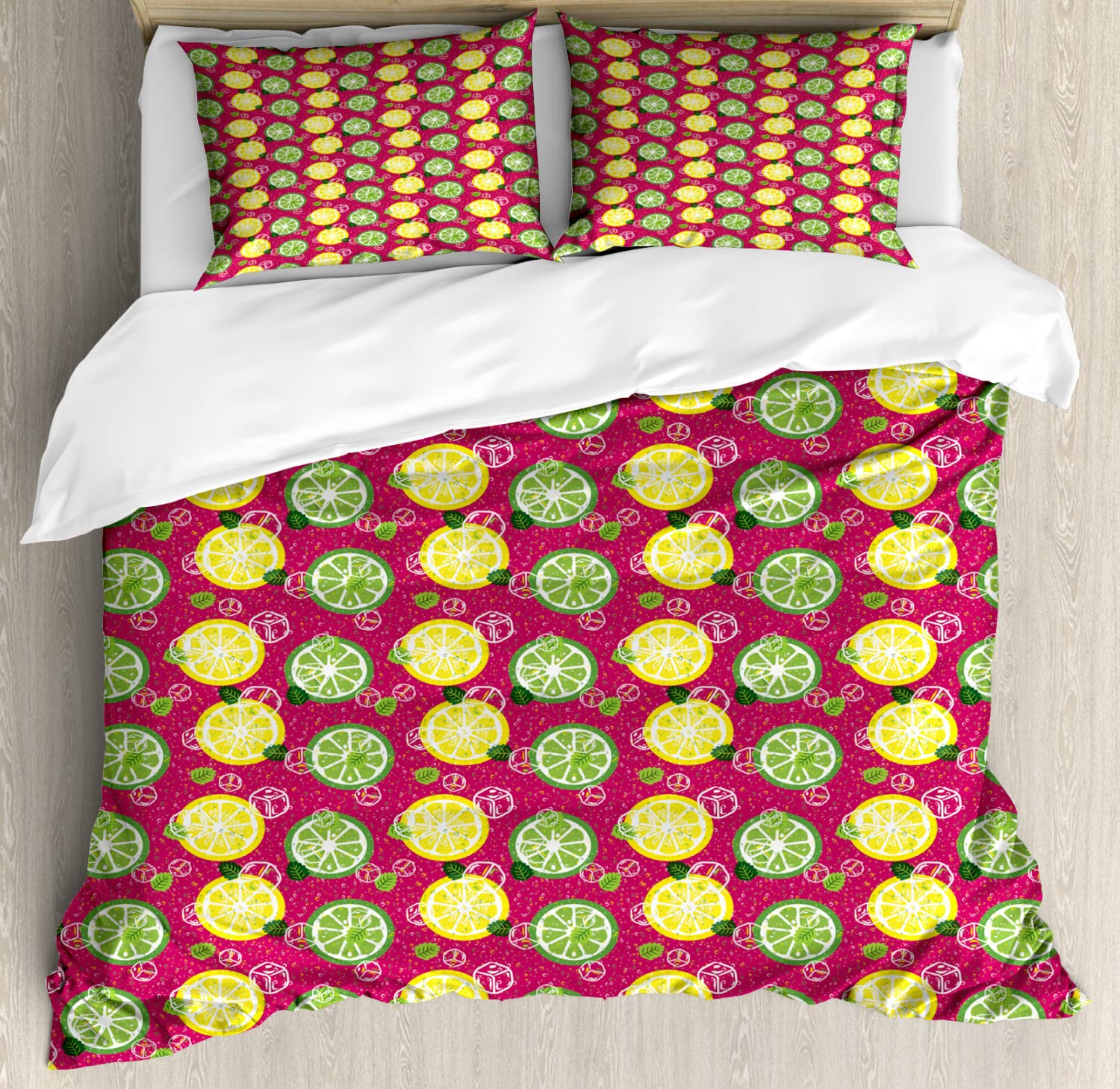 Ambesonne Lemons Duvet Cover Set - King Size 2-Pack with 4 Pillowcases | Vibrant Sliced Citrus & Lime Leaves Design in Magenta Green | Soft Bedding for Summer Refreshment | Perfect for Guest Rooms, Beach Houses & Tropical Themed Bedrooms