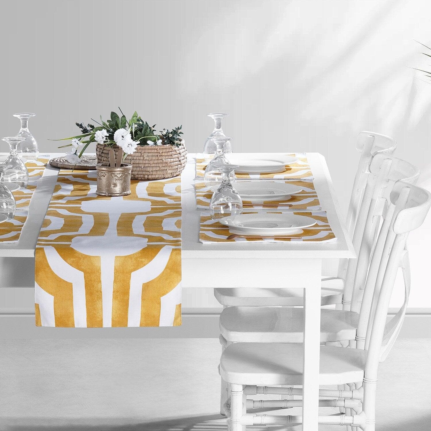 Mecca Gold Geometric Printed Cotton Table Runner & Placemats Set - Elegant Dining Decor for Thanksgiving, Christmas & Wedding Parties