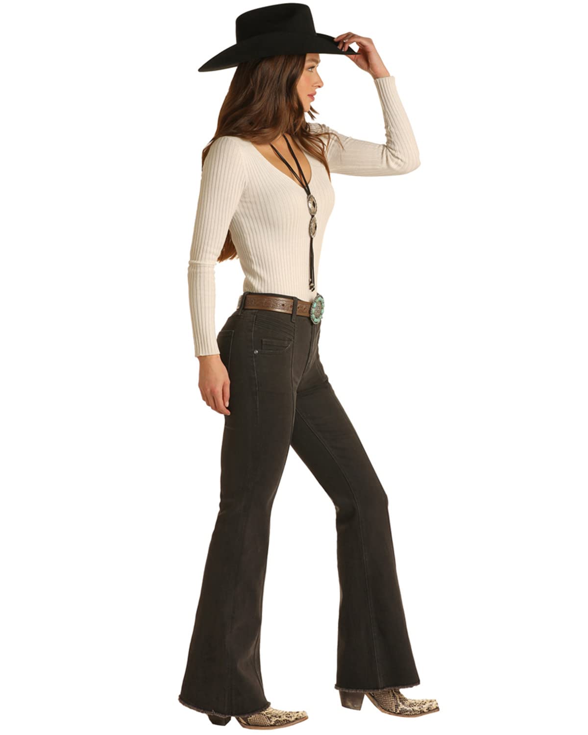 Rock & Roll Denim Women's High Rise Bootcut Jeans - Dark Wash Charcoal 28W x 34L | Vintage Style Stretch Comfort for Casual Wear & Night Out