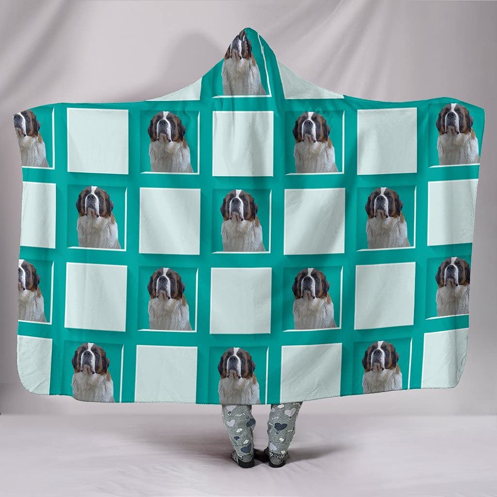 Saint Bernard Dog Print Hooded Blanket - Soft Fleece Wearable Blanket with Pockets for Adults & Kids - Perfect for Lounging, Movie Nights & Outdoor Camping