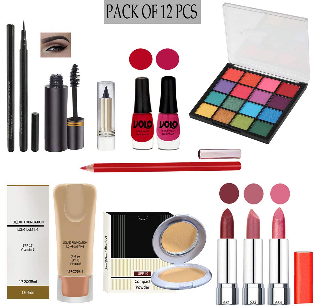 G4U Complete 12-Piece All-in-One Makeup Kit for Women - Includes 3 Lipsticks, Eyeliner, Mascara, Kajal, 2 Nail Polishes, 16-Color Eyeshadow Palette, Foundation, Compact & Lipliner | Perfect for Travel, Bridal & Everyday Makeup Looks