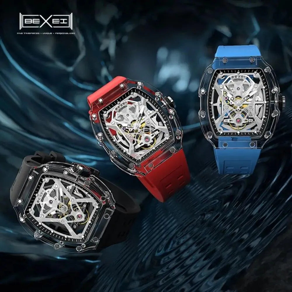 BEXEI 9130 Men's Skeleton Automatic Mechanical Watch - TR90 Transparent Case, Luminous Hands, Waterproof Wristwatch for Business, Casual & Formal Occasions (2023 New Release)