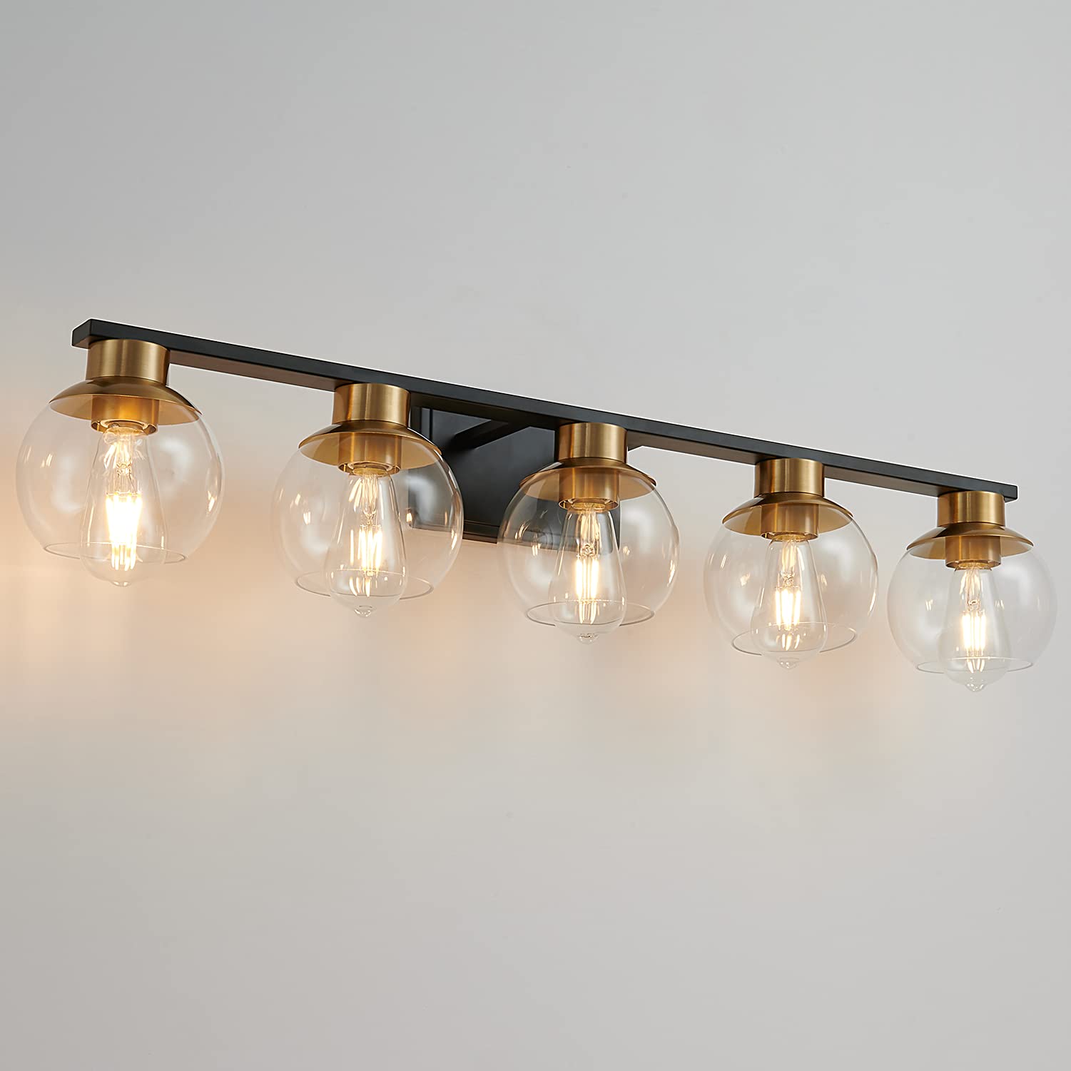 PAZALA Black Gold 5-Light Bathroom Vanity Light Fixture - Modern Wall Sconce with Globe Glass Shade, E26 Base - Perfect for Bathroom Mirror, Bedroom Dresser, Hallway & Living Room Wall Lighting - Elegant Home Decor for Modern Interiors