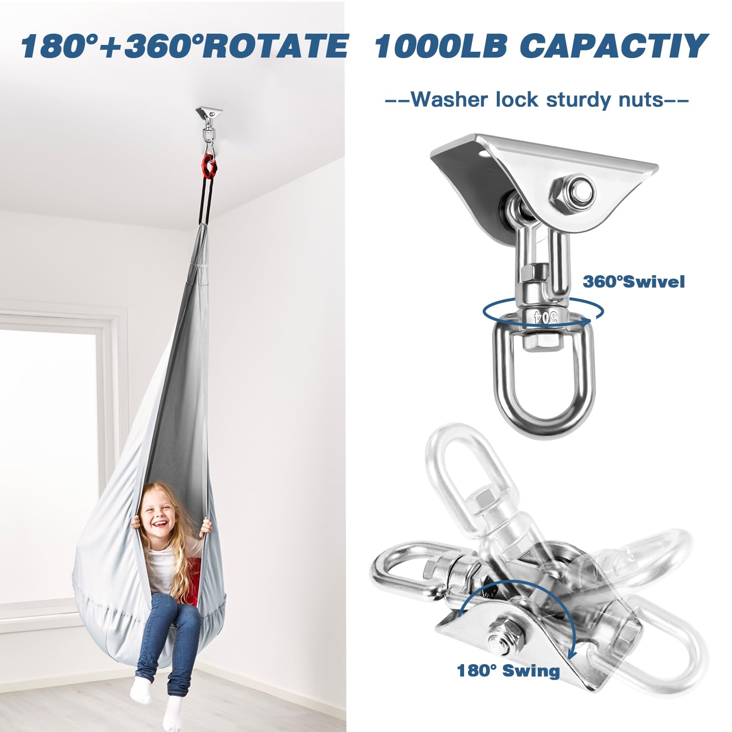 Heavy Duty 1200 lb Capacity Stainless Steel Swing Hangers for Wooden/Concrete Swing Set - 360° Rotating Hammock Hanging Kit - Perfect for Yoga Swings, Porch Chairs, Tree Swings & Indoor/Outdoor Use (Silver)