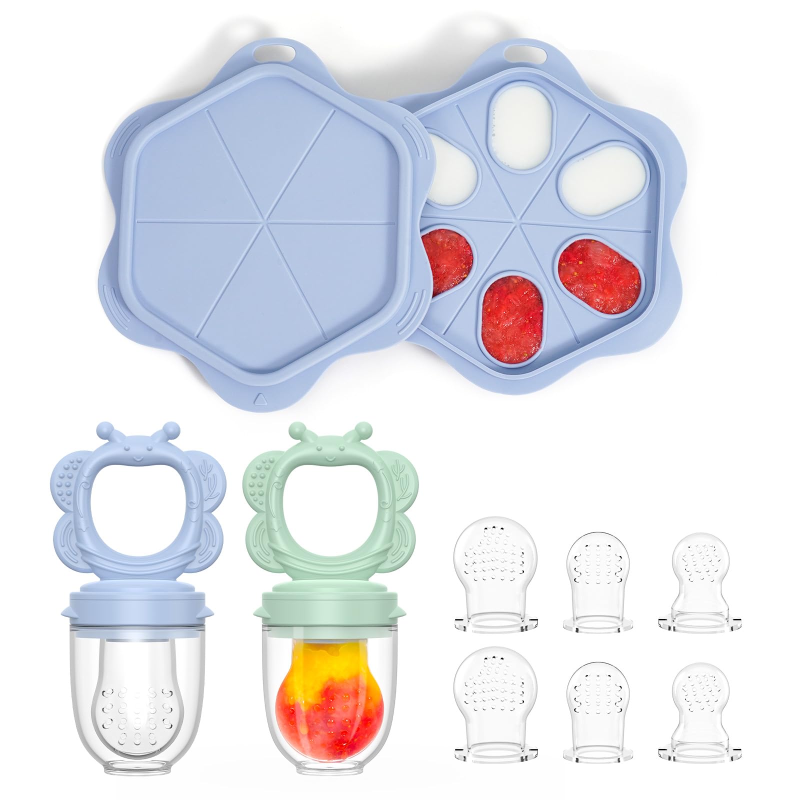 Organic Silicone Baby Fruit Feeder (2 Pack) with Freezer Nibble Tray - BPA Free Teething Relief for Infants 3+ Months - Safe Self Feeding & Breastmilk Popsicle Molds - Dishwasher Safe - Perfect for Teething Pain Relief & Introducing Solid Foods