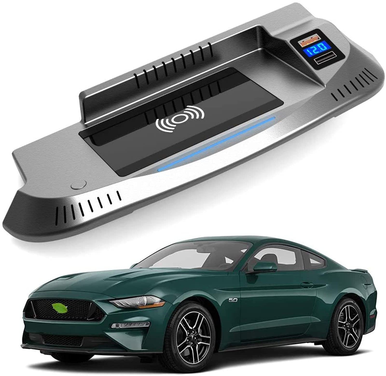 Fast 15W Qi Wireless Charger for Ford Mustang 2015-2021 - Center Console Panel Charging Pad with QC3.0 USB & PD Port - Universal Phone Holder for All Qi-Enabled Smartphones - Perfect for Road Trips & Daily Commutes