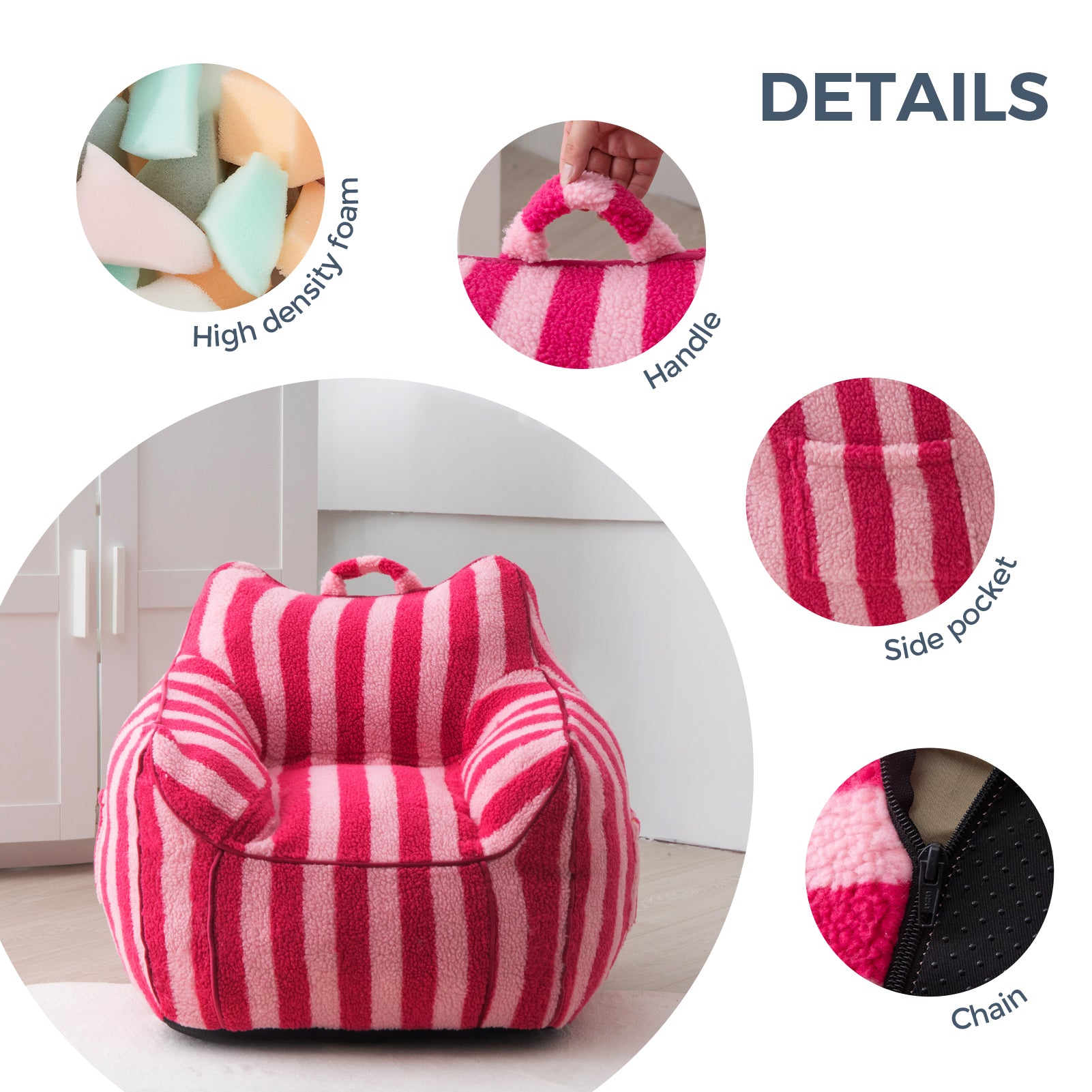 MAXYOYO Kids Bean Bag Chair - Sherpa Fabric Bean Bag Couch with Decorative Edges for Children's Room | Soft Pink Striped Design | Perfect for Playrooms, Bedrooms & Reading Nooks