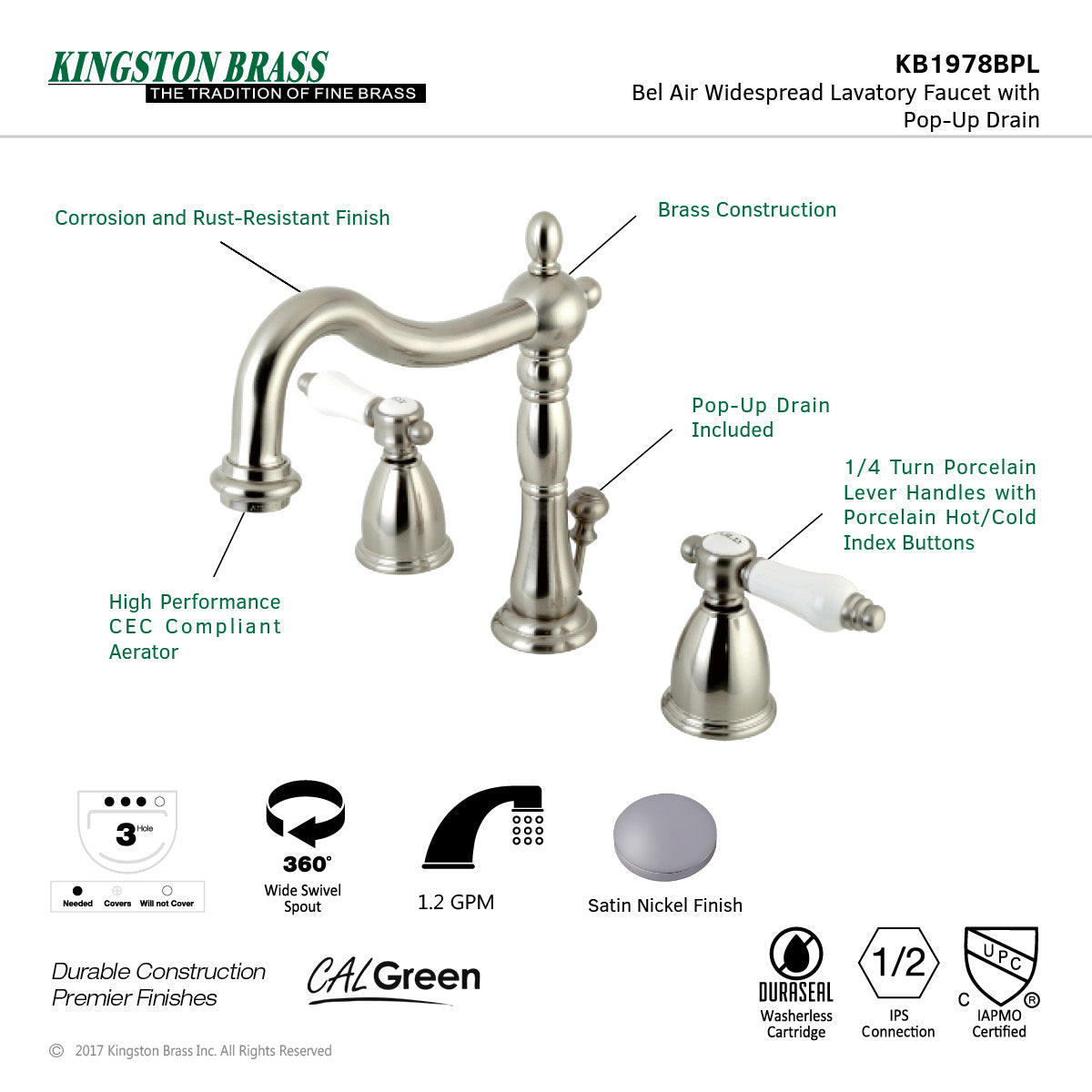 Bel Air KB1978BPL Brushed Nickel Widespread Bathroom Faucet - 2 Handle 3 Hole Deck Mount with Pop Up Drain - Perfect for Modern Bathroom Renovation & Vanity Upgrade