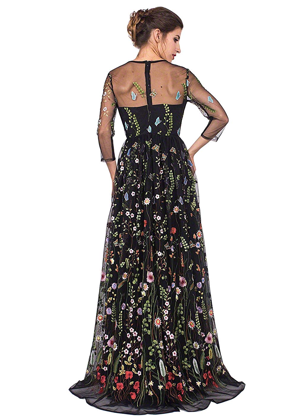 Honeydress Women's Embroidered Long Sleeve Maxi Dress Size 14 Black - Elegant Boho Floral Embroidery Formal & Casual Wear for Weddings, Parties & Date Nights