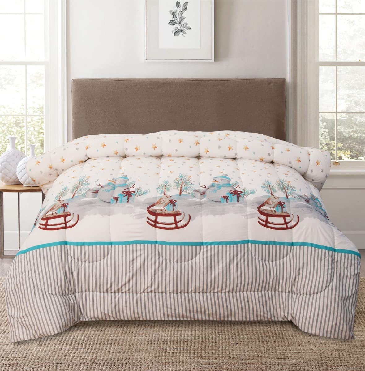 Aubrie Home Accents Snowman Stars Stripes Winter Holiday Twin Comforter Set - Blue Red Grey Plaid Bedding for Christmas Decor & Cozy Winter Nights
