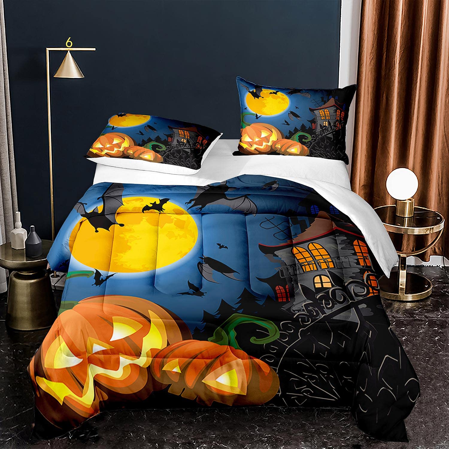 Spooky Halloween Comforter Set Twin Size - Haunted House, Pumpkin, Moon & Bat Design - 1 Comforter + 1 Pillow Sham - Perfect for Halloween Decor & Themed Bedrooms