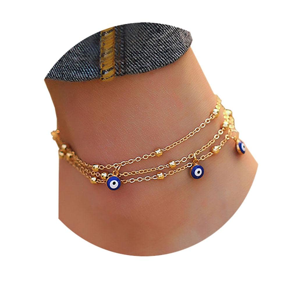 14K Gold Plated Boho Beach Ankle Bracelet for Women - Dainty Evil Eye Charm & Lucky Star Foot Chain - Cute Tiny Silver Beaded Anklet for Yoga, Running, and Summer Fashion Accessories