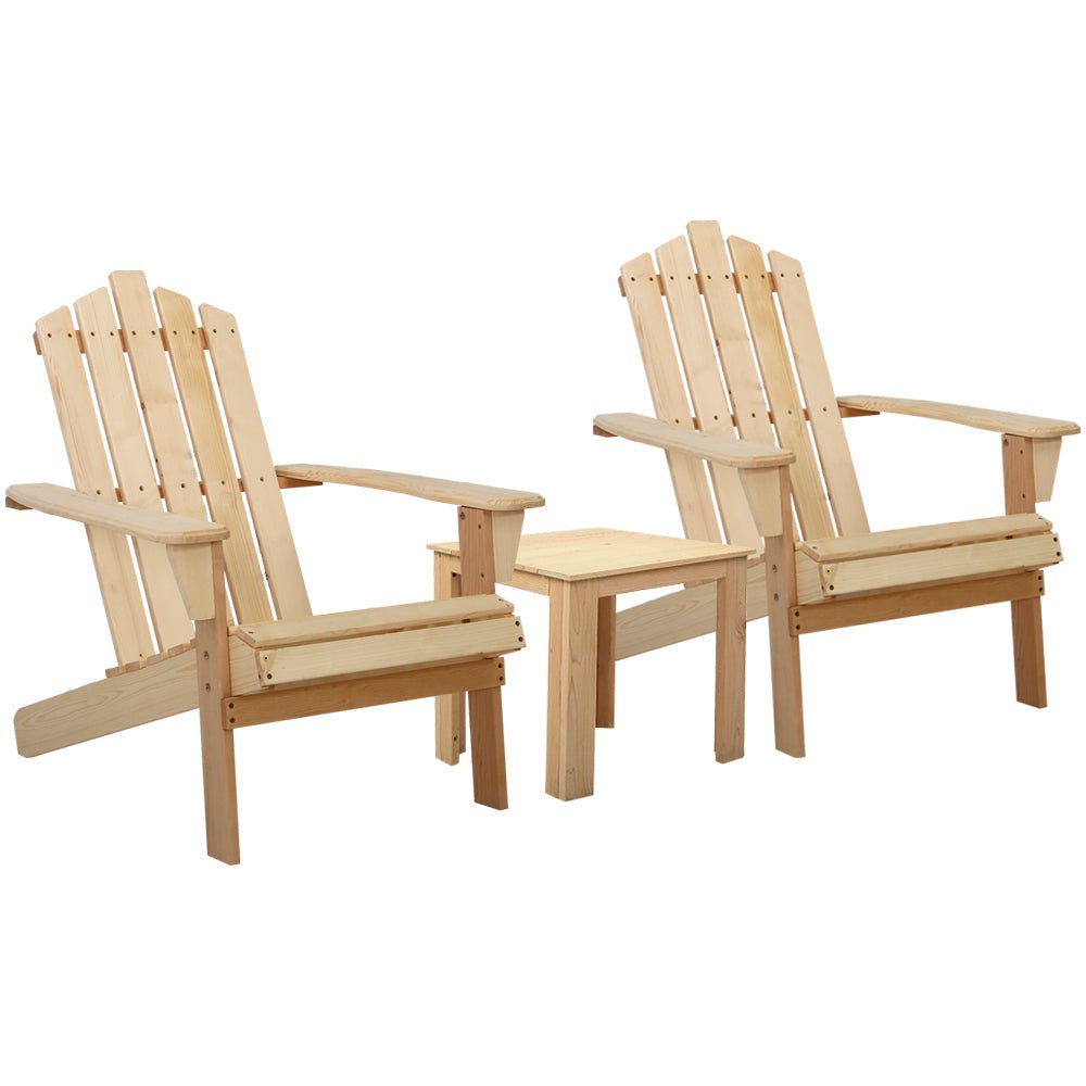 3PC Natural Wood Adirondack Outdoor Table and Chairs Set - Patio, Garden, Beach Furniture for Relaxing in Backyard or Seaside