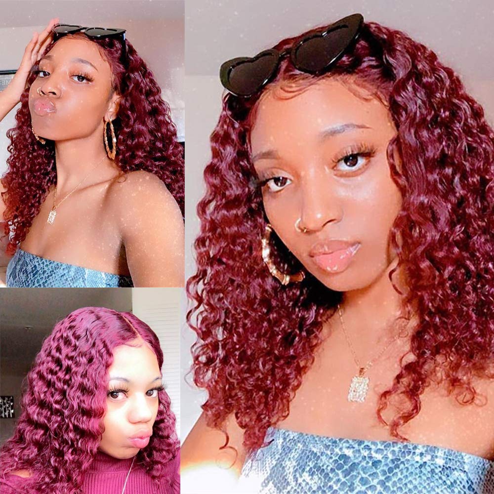 99J Burgundy Lace Front Bob Wigs - 100% Human Hair Deep Wave 13x4 Lace Frontal Wig for Black Women - Red Curly Bob Wig with Pre-Plucked Natural Hairline & Baby Hair - 150% Density 14 Inch - Perfect for Daily Wear, Parties & Special Occasions