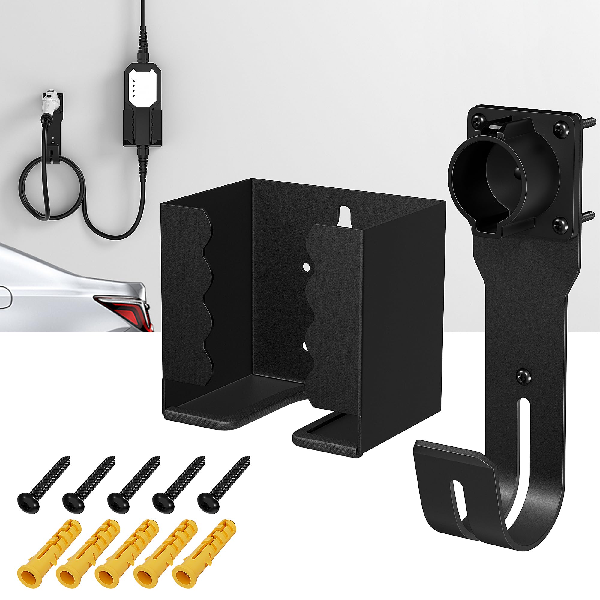 Joinfworld EV Charger Holder Wall Mount Kit - SAE J1772 Connector J-Hook & Charging Box Organizer for Electric Vehicles (Tesla, Nissan Leaf, Chevy Bolt) - Perfect for Home & Garage Charging Stations