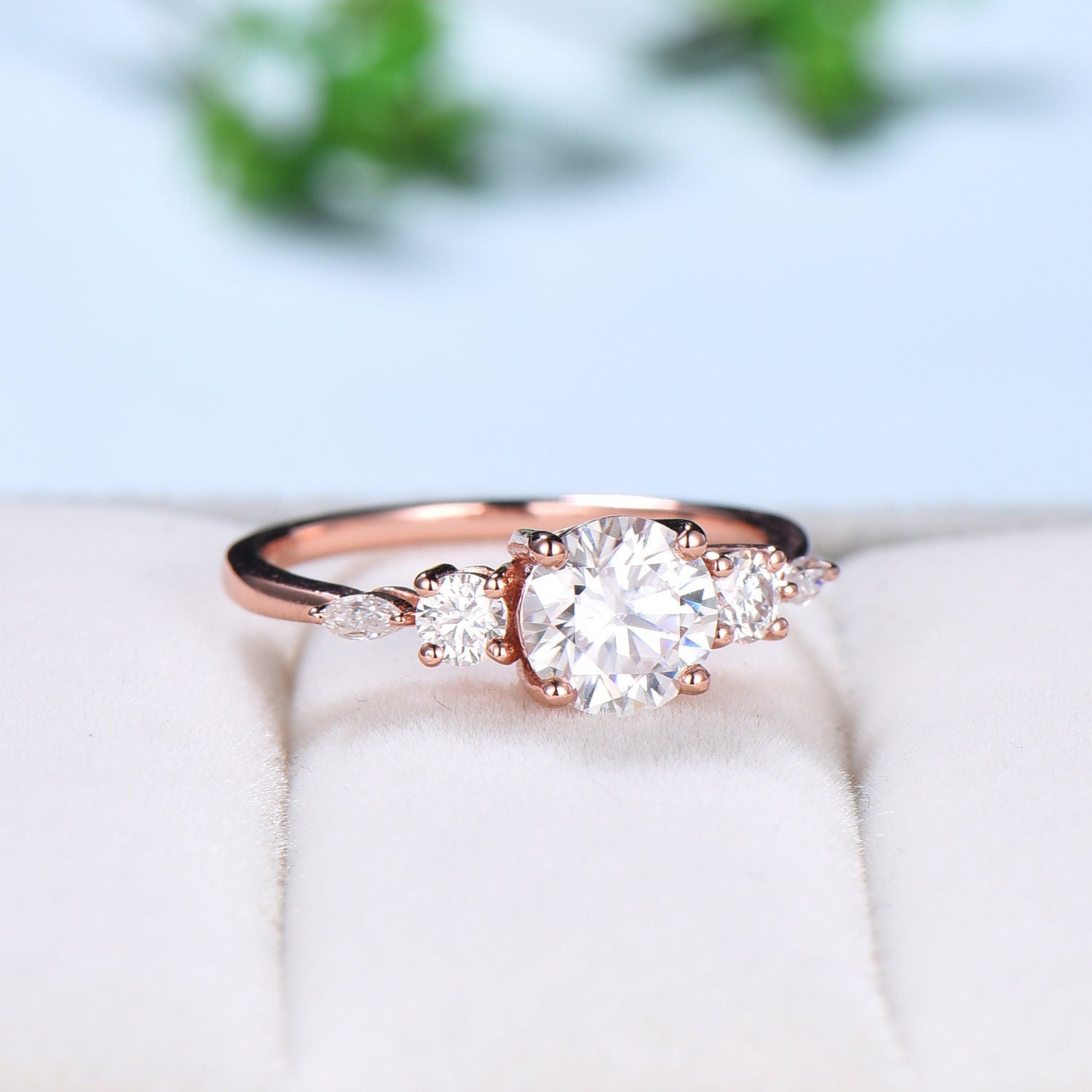 6.5mm Round Moissanite Engagement Ring - Art Deco Vintage Wedding Ring for Women, Five Stone Rose Gold Cluster Promise Ring | Perfect for Proposals, Anniversaries & Special Occasions