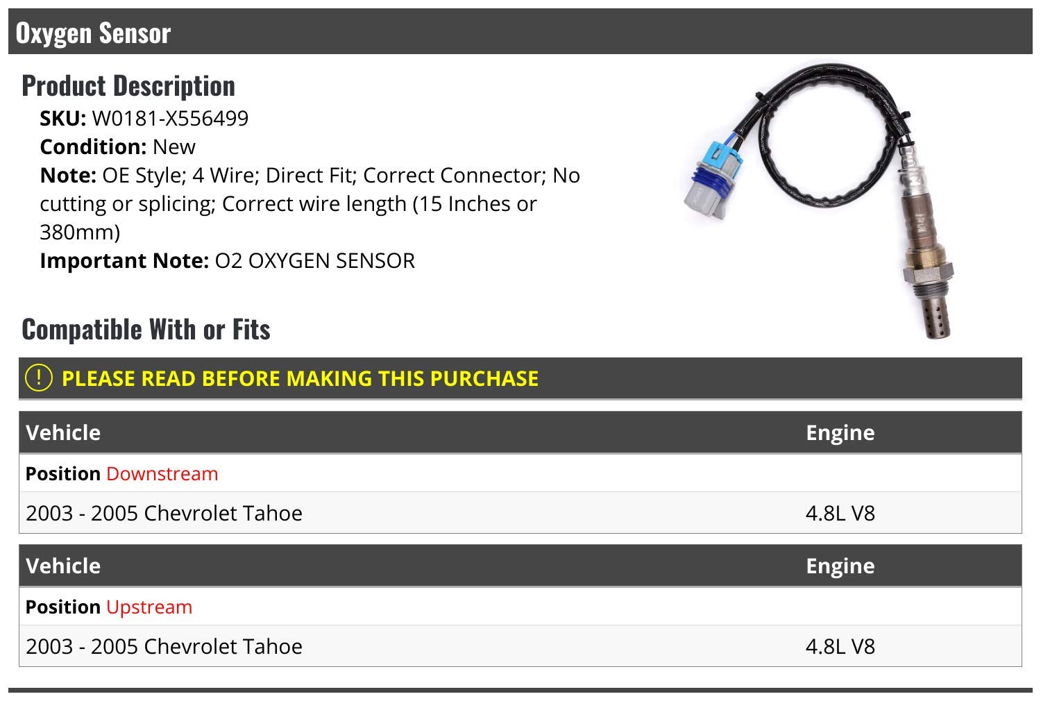 Oxygen Sensor Replacement for 2003-2005 Chevy Tahoe 4.8L V8 - Direct Fit, High Performance - Improve Fuel Efficiency & Engine Performance for Smooth Driving