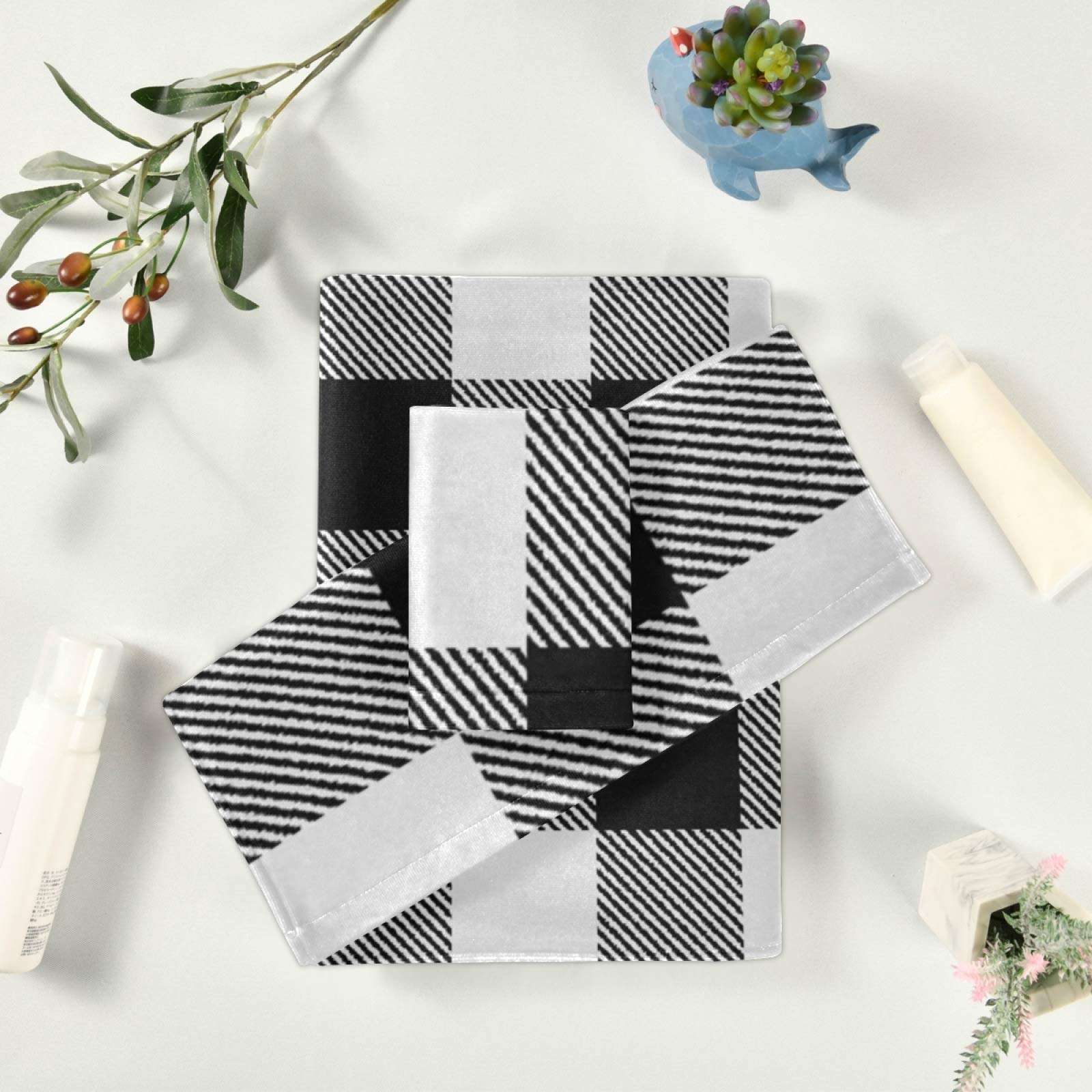 Qilmy Plaid Buffalo Women's Towel Set of 3 - Soft Absorbent Bath Towels for Face & Hands, Luxury Washcloths for Bathroom, Home & Shower (White and Black) - Perfect for Spa Days, Guest Bathrooms & Cozy Home Decor
