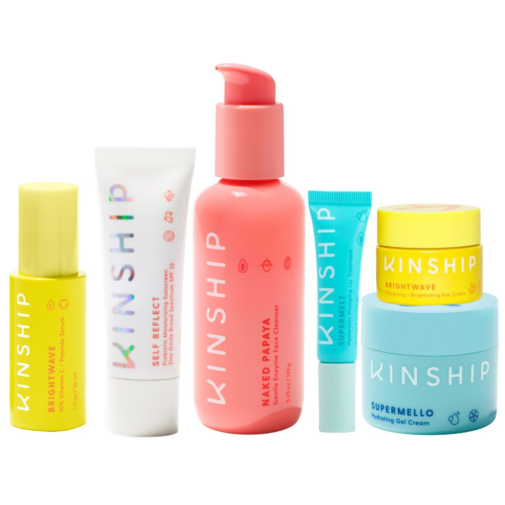 Kinship Daily Skincare Routine Bundle - Naked Papaya Cleanser, Supermello Moisturizer, Brightwave Vitamin C Eye Cream, Face Serum, Self Reflect SPF Sunscreen & Supermelt Lip Mask for Sensitive Skin | Gentle Face Care Set for Morning & Night Routine, Travel-Friendly Skincare Kit