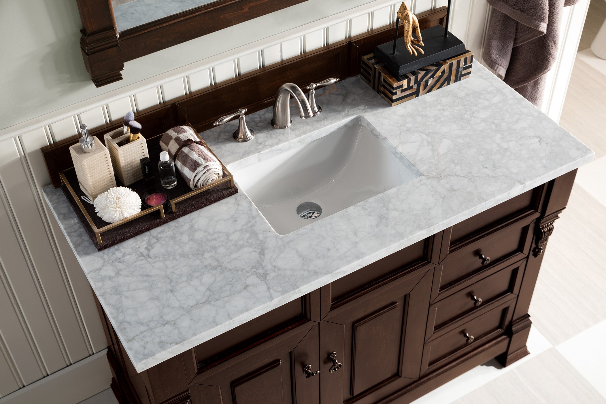 Brookfield 48 Inch Single Bathroom Vanity with Burnished Mahogany Finish & 3CM Carrara Marble Top - Perfect for Modern Master Bathroom or Guest Bathroom Renovation