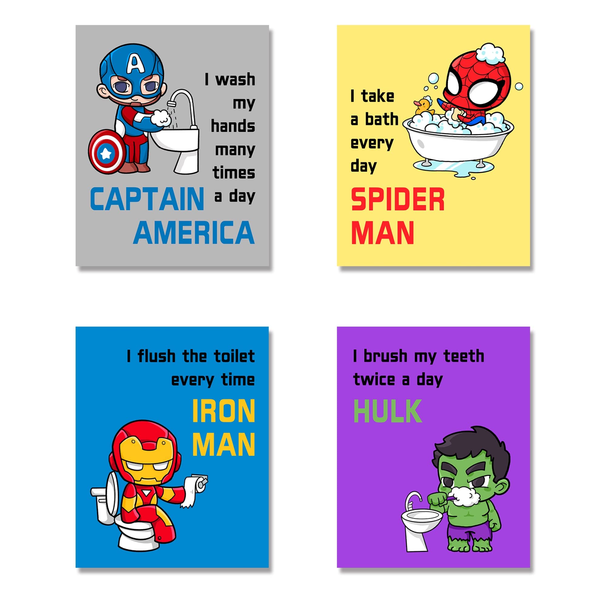 Superhero Wall Art Prints for Kids - 8x10 Inch Marvel Decor Set of 4 for Bathroom & Bedroom