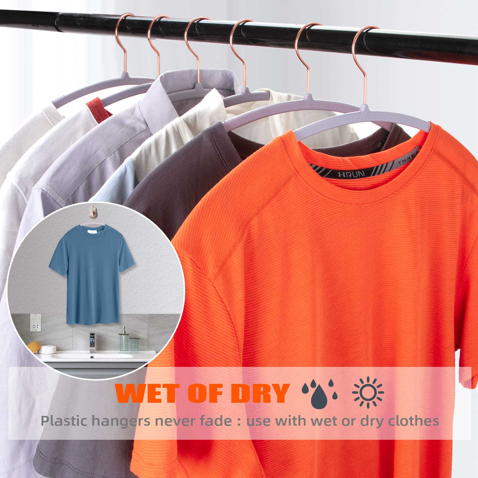 OIKA 50 Pack Rose Gold Plastic Hangers - Heavy Duty Non-Slip Space Saving Suit Hangers with Rounded Edges for Sweaters, Coats, Jackets, Pants, Shirts & Dresses - Grey - Perfect for Closet Organization and Retail Store Display