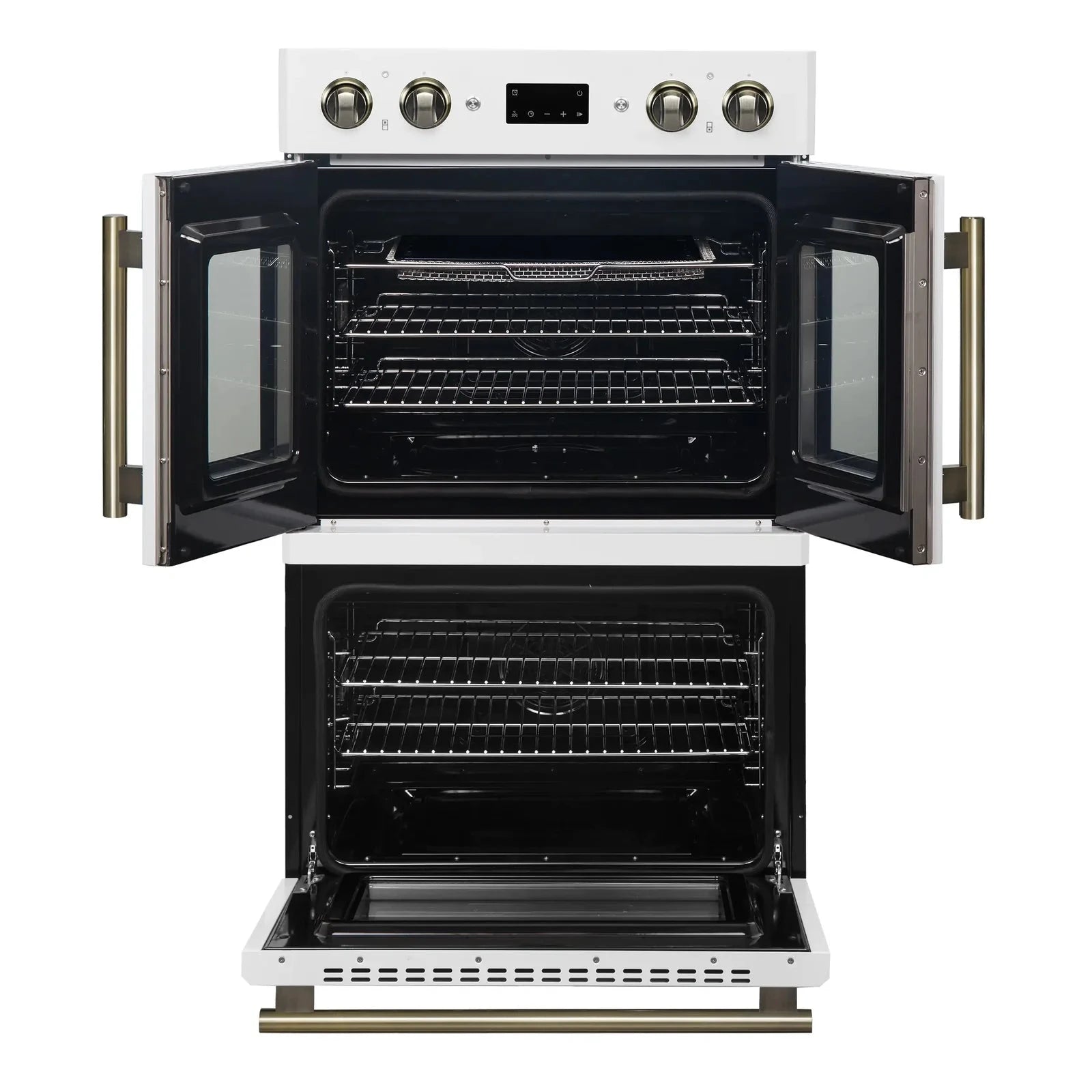 Forno Asti 30 Inch Double Electric Wall Oven with French Doors - White Finish & Antique Brass Trim (Model FBOEL1340 30WHT) | Perfect for Modern Kitchens, Baking, and Entertaining