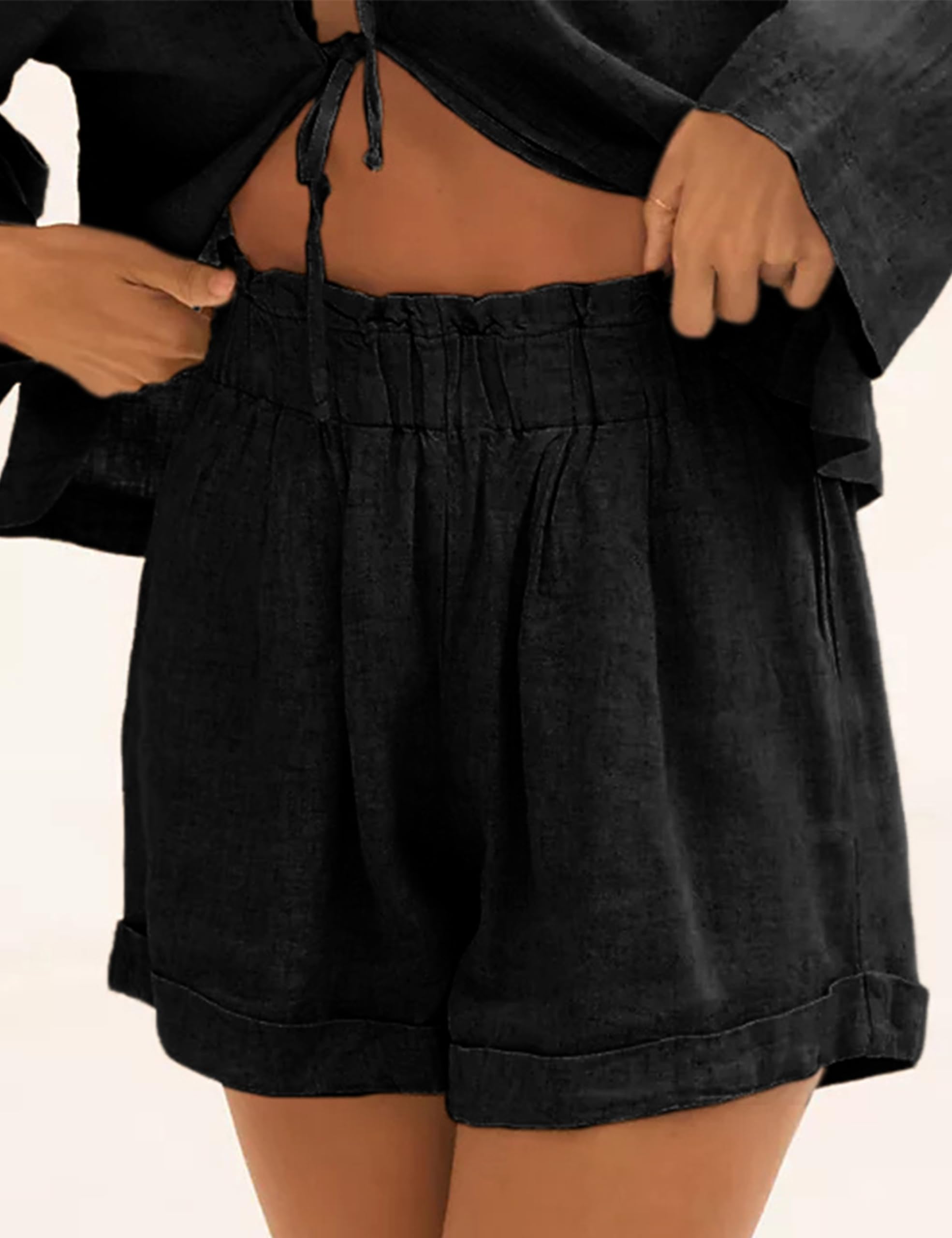 2 Piece Outfits for Women - Long Sleeve Lace Up Shirts & Shorts Matching Set, Summer Lounge Wear with Pockets | Casual Outfits, Beach Cover Up, Vacation Clothes