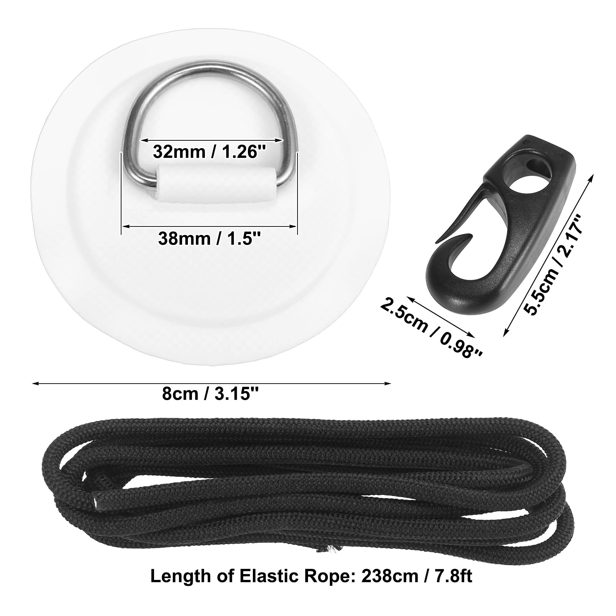 X AUTOHAUX Stainless Steel D-Ring Patch Set with Hook Rope - Heavy Duty PVC Round D-Ring Pads for Inflatable Boats, Kayaks, Canoes (White) - Perfect for Deck Rigging, Gear Attachment & Water Sports Accessories