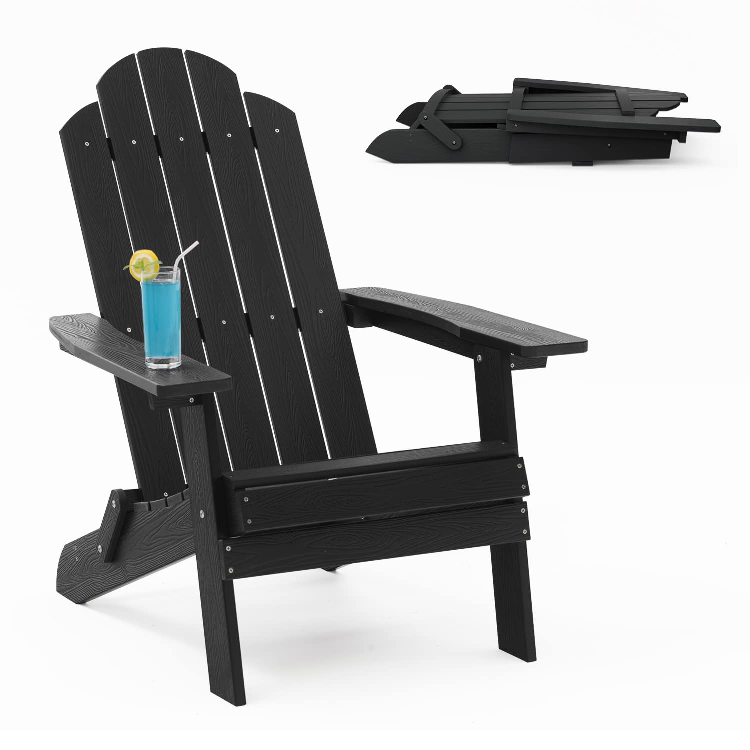 MXIMU Folding Adirondack Chair - Durable Plastic Outdoor Lounge Chair for Lawn, Backyard, Deck, Garden & Camping - Fire Pit Seating - Weather-Resistant & Comfortable - Perfect for Relaxing Outdoors (Black)
