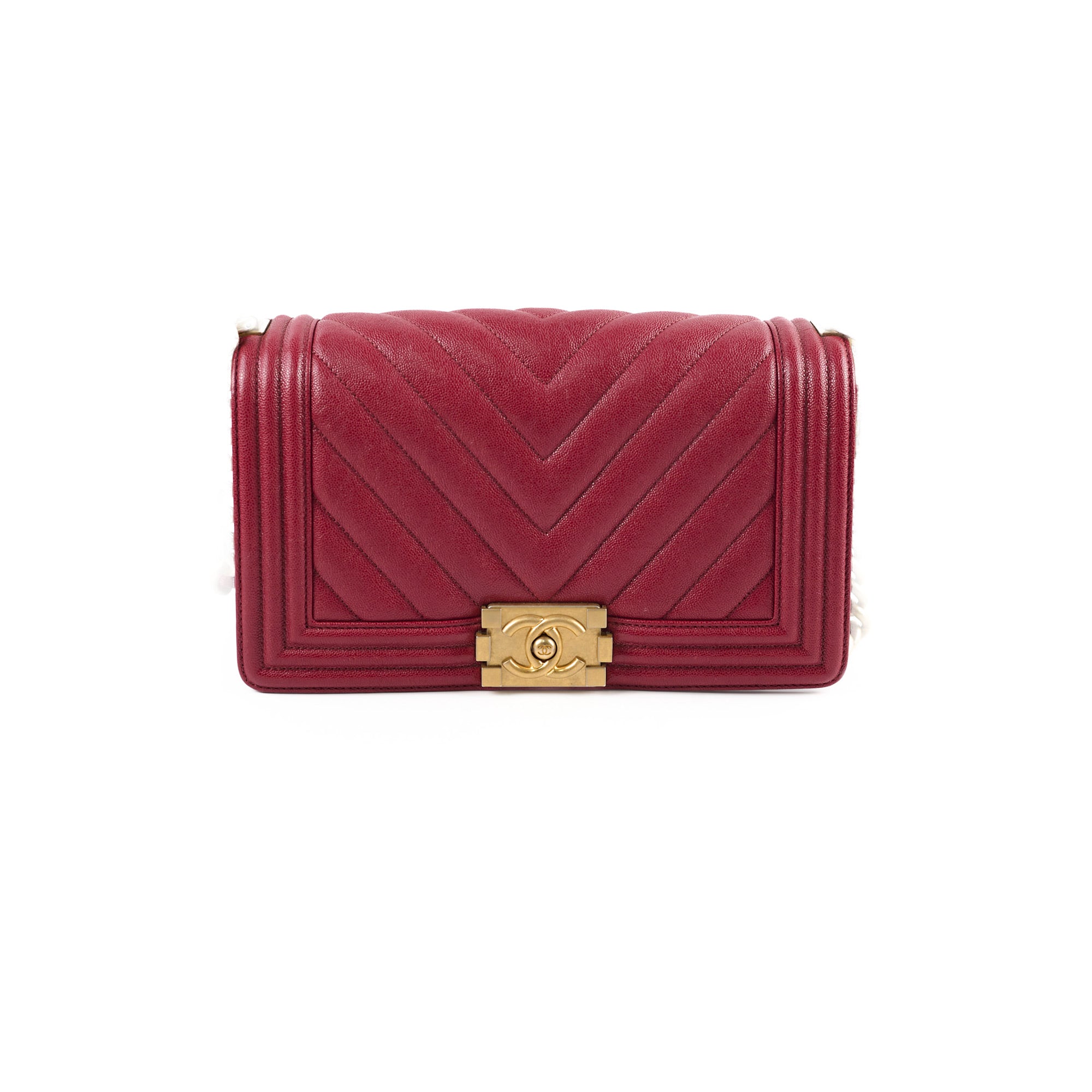 Chanel Old Medium Boy Bag in Red Chevron Caviar Leather - Classic Flap Shoulder Bag for Women | Perfect for Date Night, Office & Luxury Events