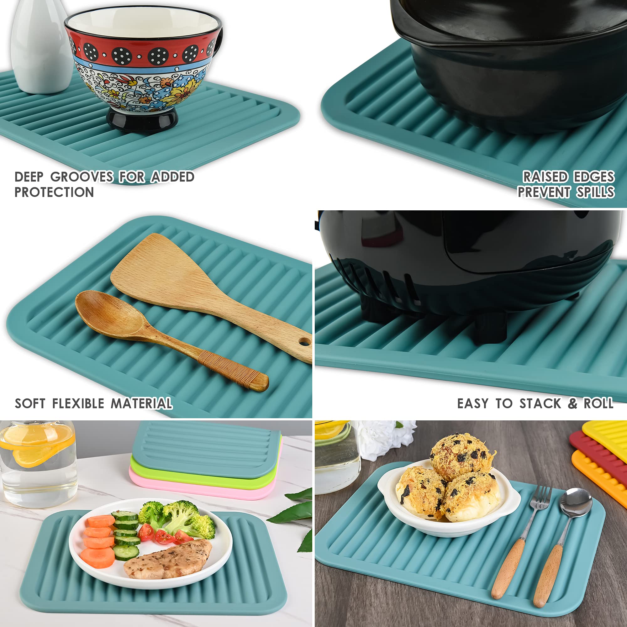 Non-Slip Silicone Trivets & Hot Pads Set of 2 - Heat Resistant Kitchen Mats for Pots, Pans & Dishes - Countertop & Table Protectors with Spoon Rest - Wine Red Drying Mats for Cooking, Baking & Serving