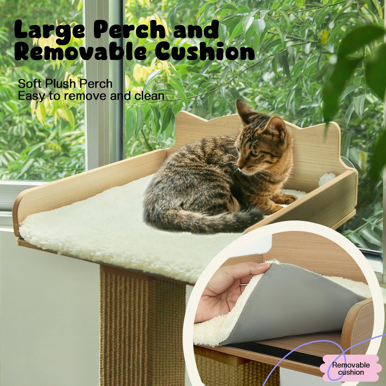 Premium Cat Window Perch with Scratching Post - Sturdy Sisal Cat Hammock for Windows with 2 Strong Suction Cups, Large Perch & Plush Cushion - Perfect for Indoor Cats to Lounge, Scratch & Sunbathe by the Window