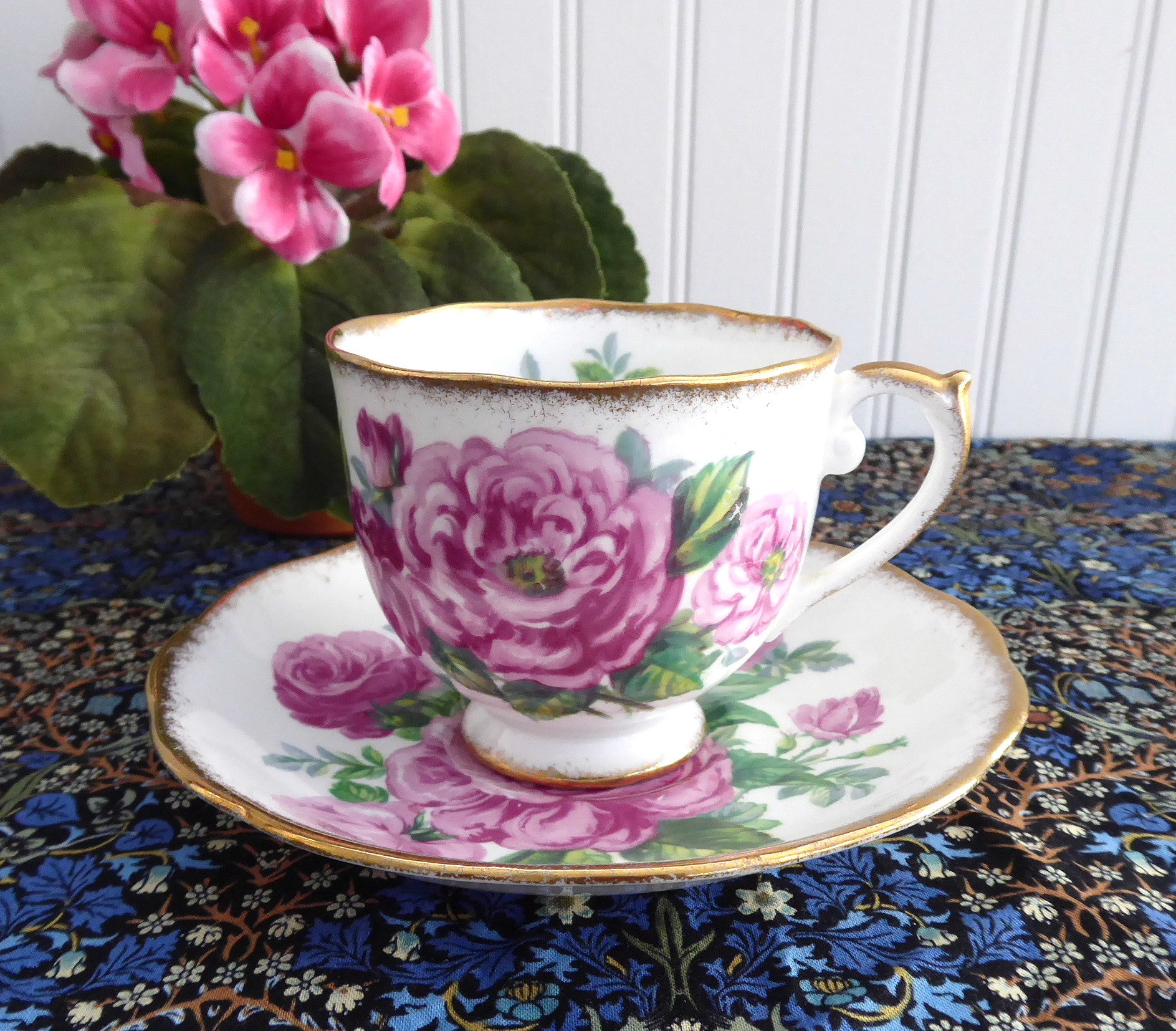 Vintage Roslyn Crimson Glory Cup and Saucer Set - English Bone China with Roses & Gold Trim (1950s Antique Tea Set) - Perfect for Afternoon Tea, Collectors, and Elegant Home Decor