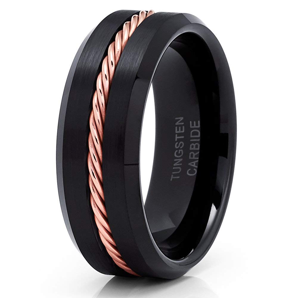 Rose Gold Tungsten Wedding Band for Men & Women - Comfort Fit Anniversary & Engagement Ring - Durable Black Tungsten Ring for Everyday Wear - Perfect for Couples, Gifts & Special Occasions