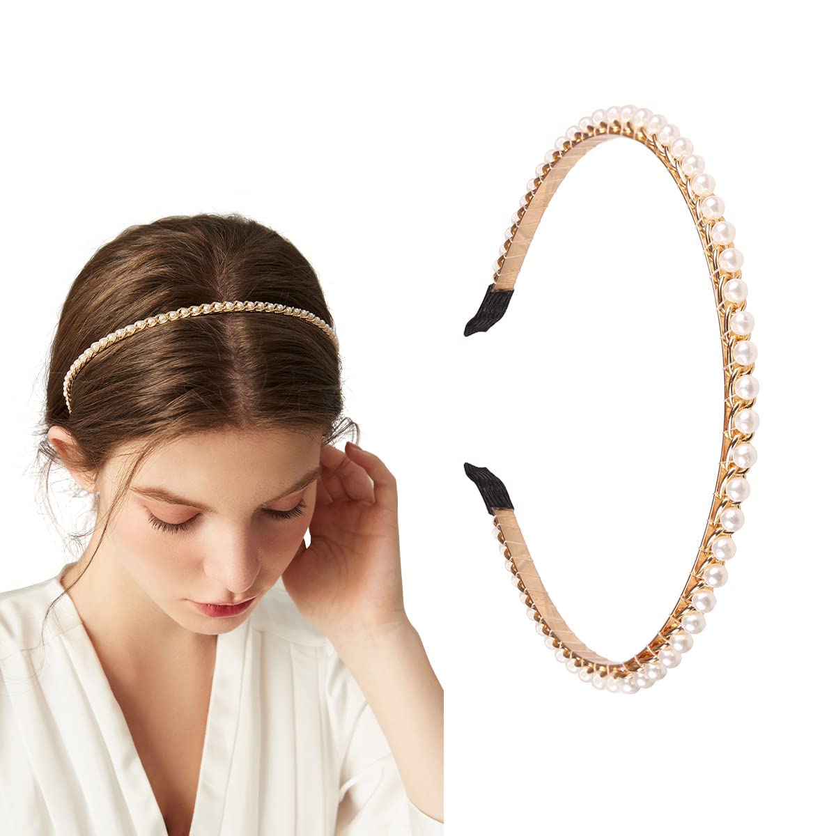 YARN & INK Women's Vintage Pearl Headband - Fashion Beaded Metal Hair Accessory for Women & Girls - Non Slip Hair Band for Daily Wear, Parties & Christmas Gifts (Pearls Line)