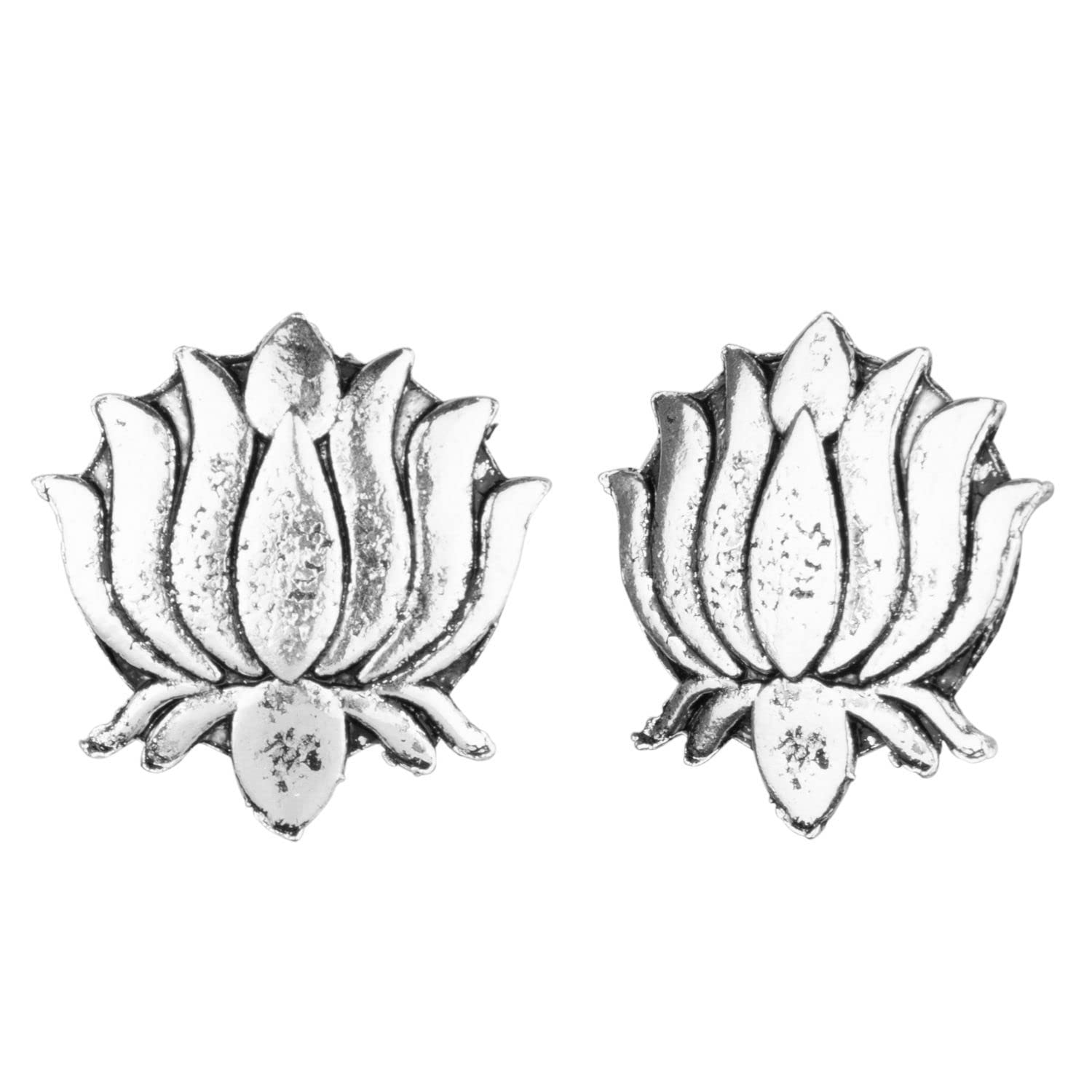 Oxidized Silver Earrings for Women – Boho Vintage Indian Lotus Stud Earrings Set, Antique Ethnic Jewelry | Perfect for Festivals, Weddings & Boho Fashion