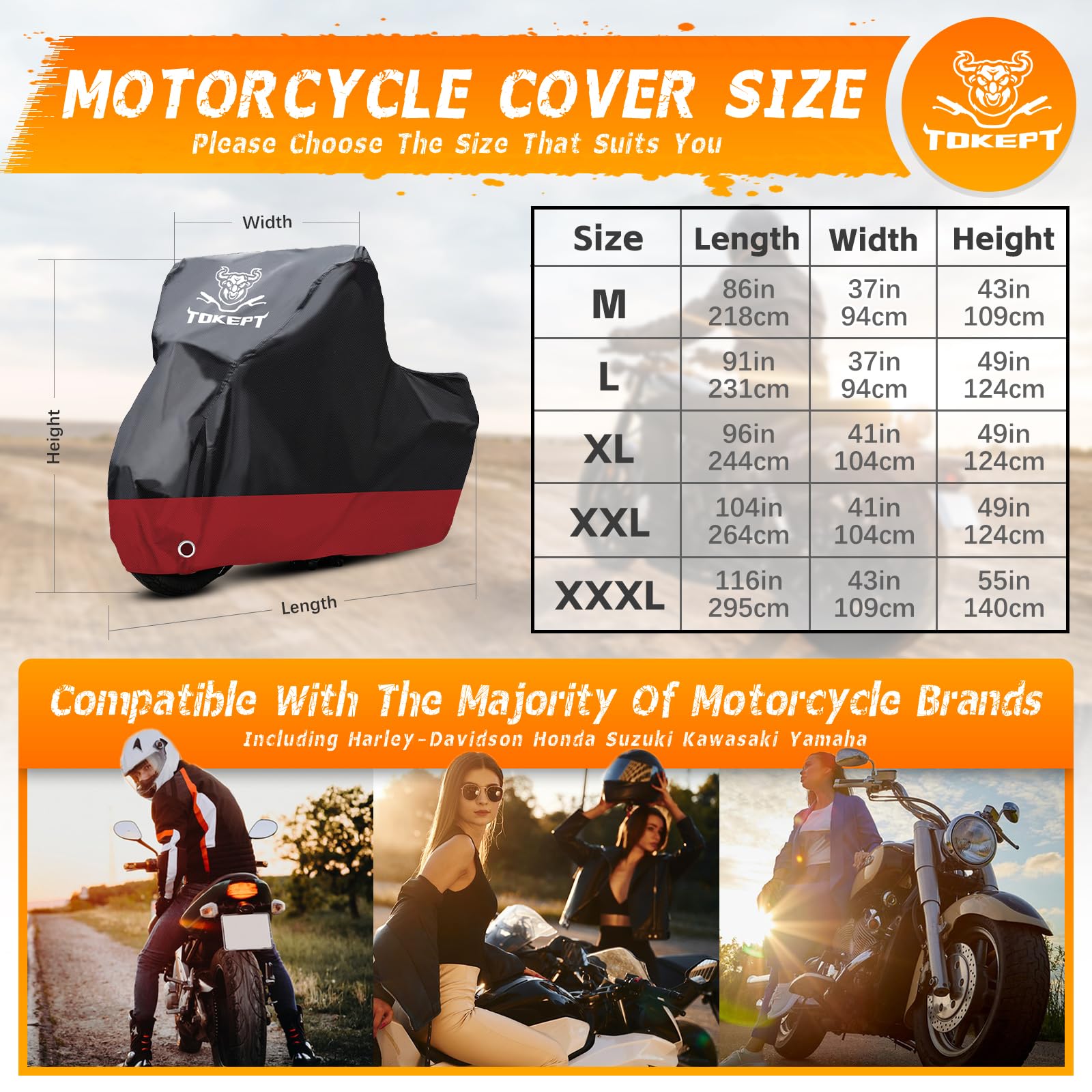 Waterproof Motorcycle Cover with Lock Holes - Fits Harley, Kawasaki, Yamaha, Honda (96