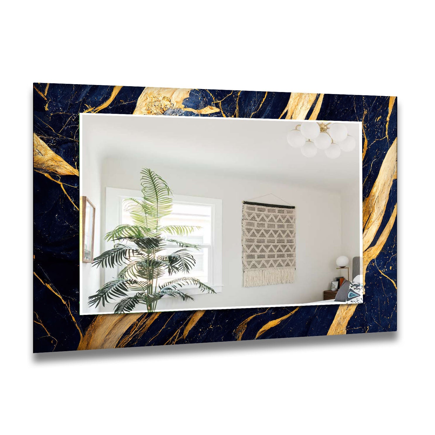 Blue & Gold Abstract Wall Mirrors - Modern Decorative Mirror for Living Room, Bedroom & Entryway - Stylish Home Decor Accent Piece