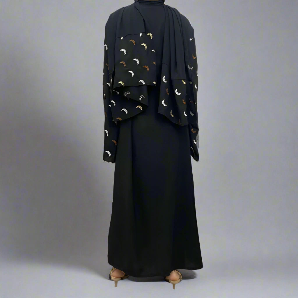 Elegant Muslim Women's Moon Embroidery Open Abaya Dress with Pockets - Modest Islamic Prayer Dress for Mosque, Eid & Special Occasions